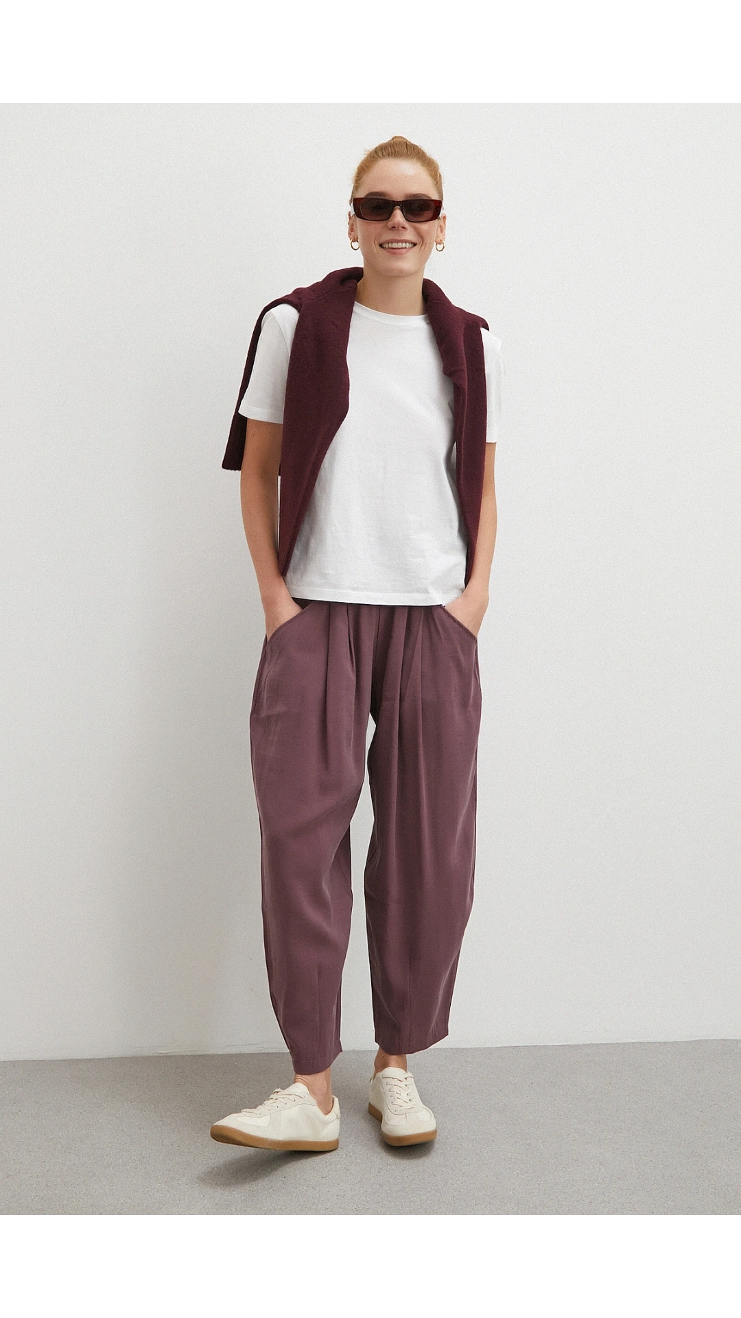 Bağcıklı Beli Lastikli Pileli Pantolon Mürdüm