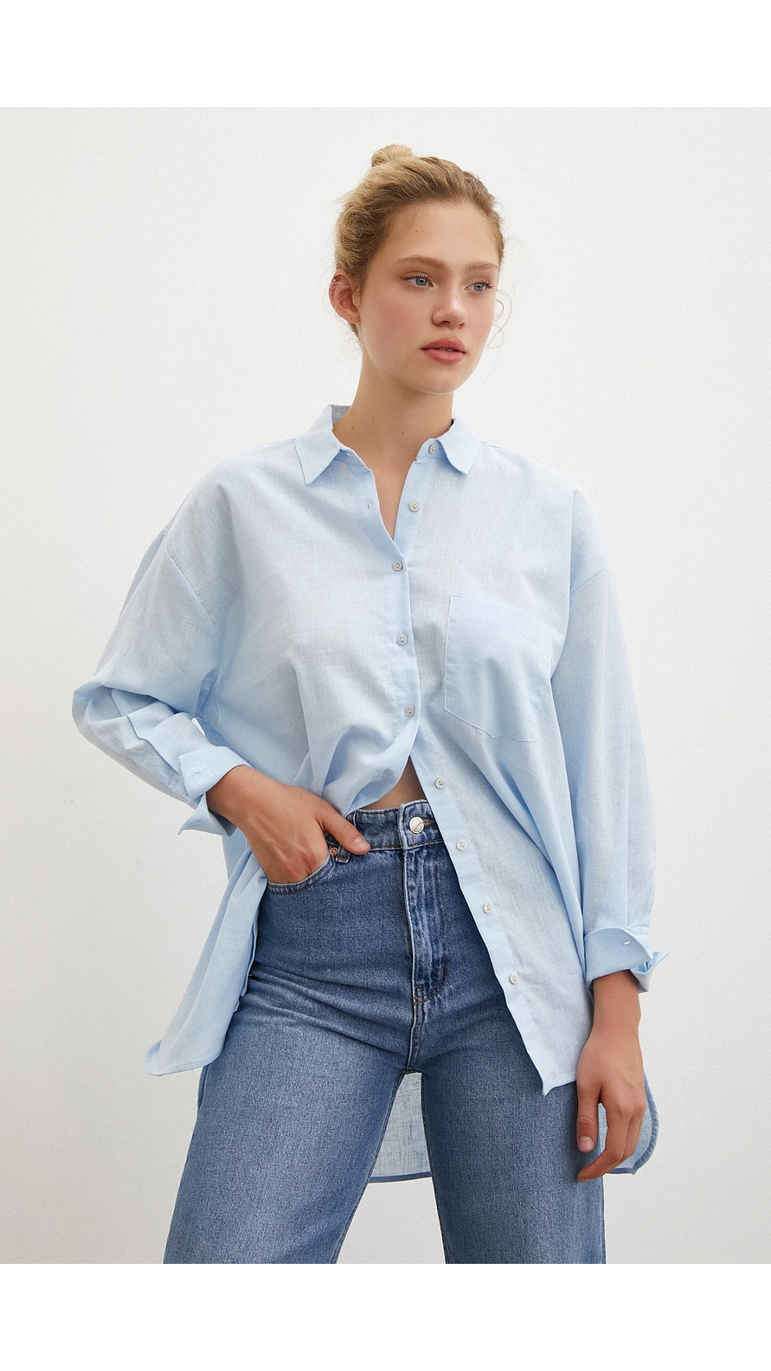 Midi Boy Keten Gömlek Mavi