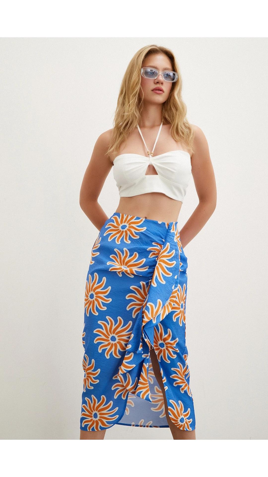 Fırfırlı Desenli Etek Mavi