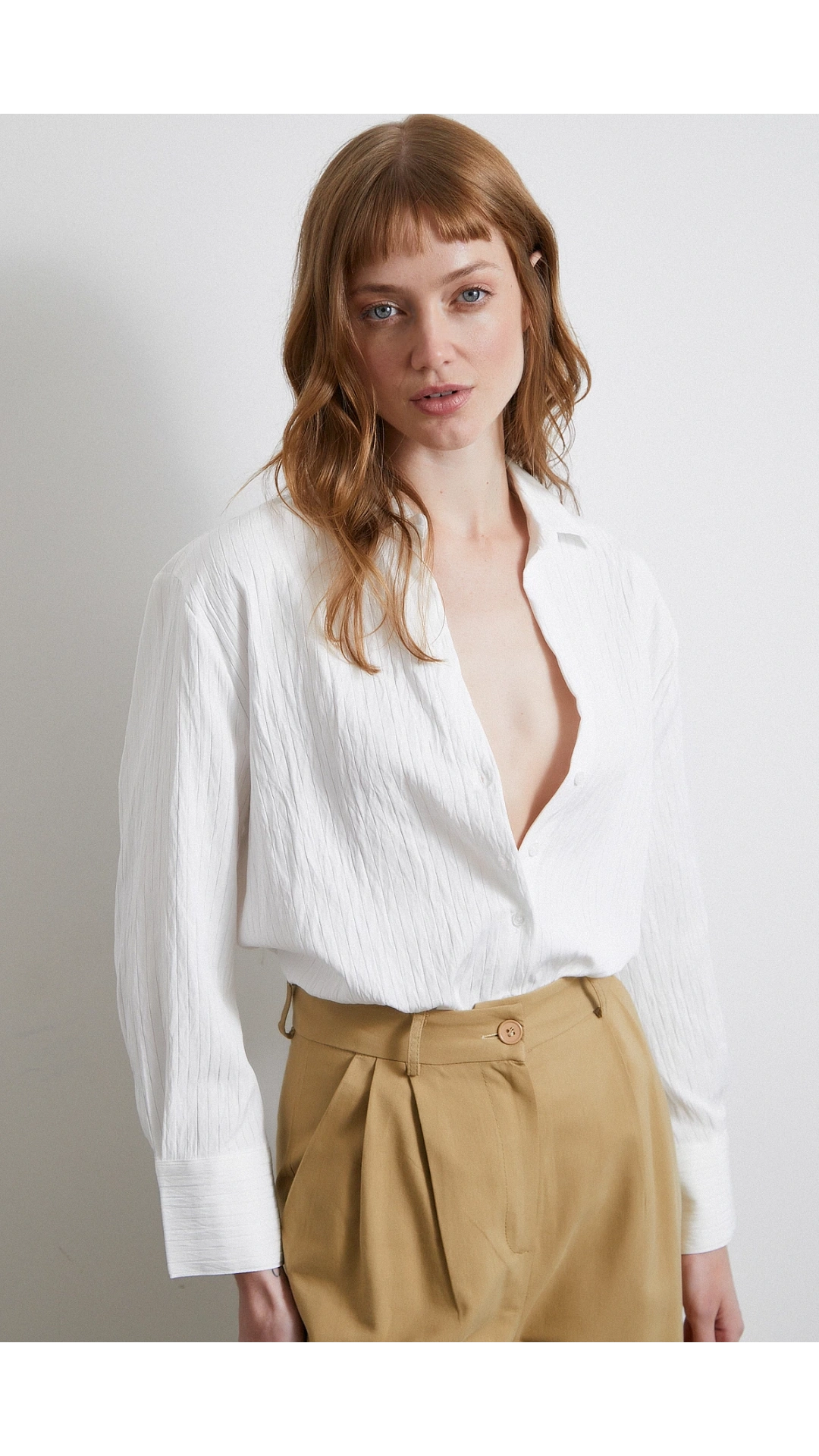 Geniş Manşetli Çizgili Gömlek Beyaz