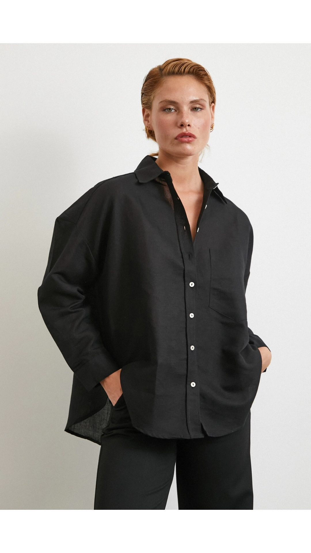 Cepli Oversize Keten Gömlek Siyah