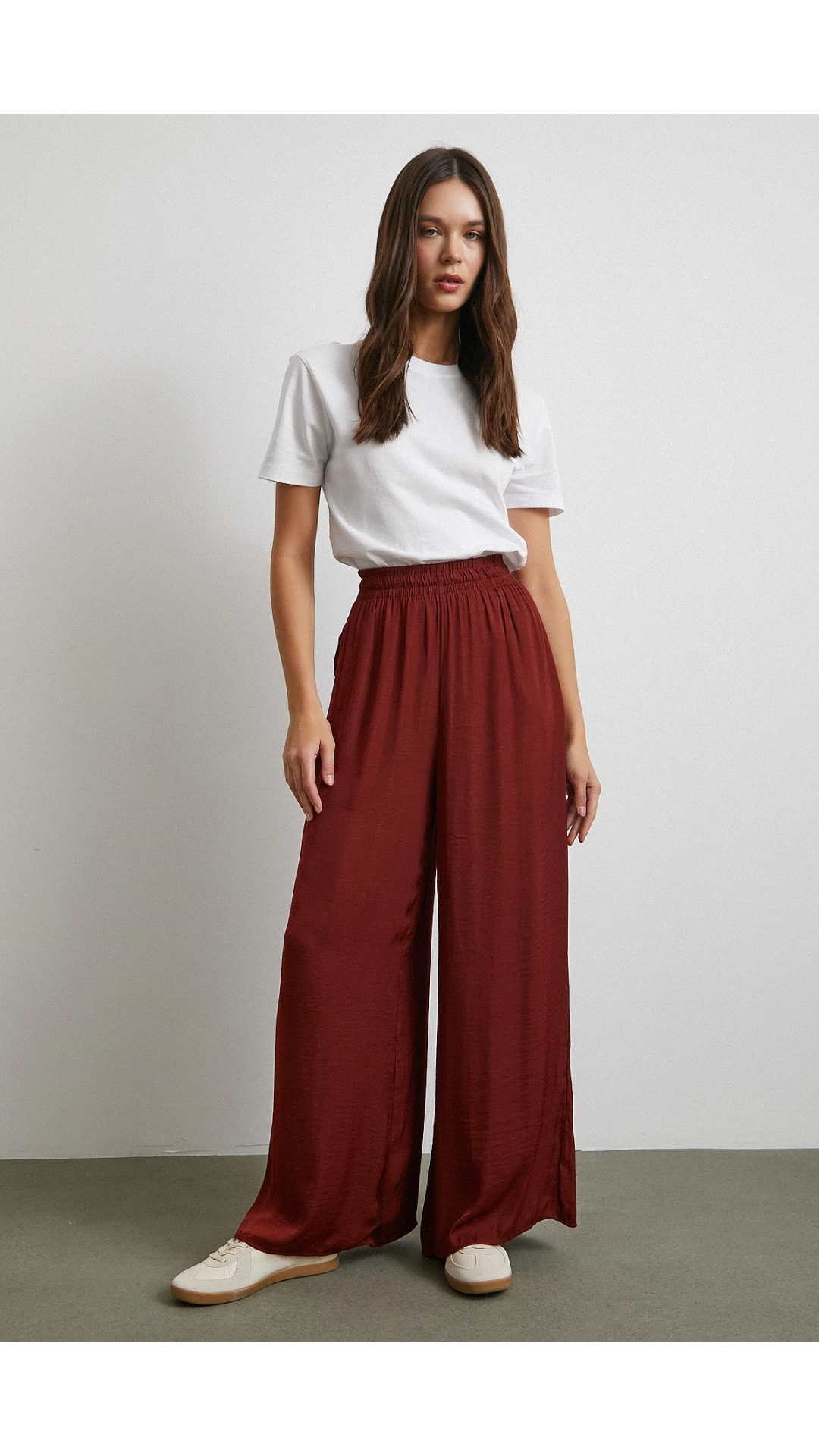 Beli Lastikli Dökümlü Geniş Paça Pantolon Kahve