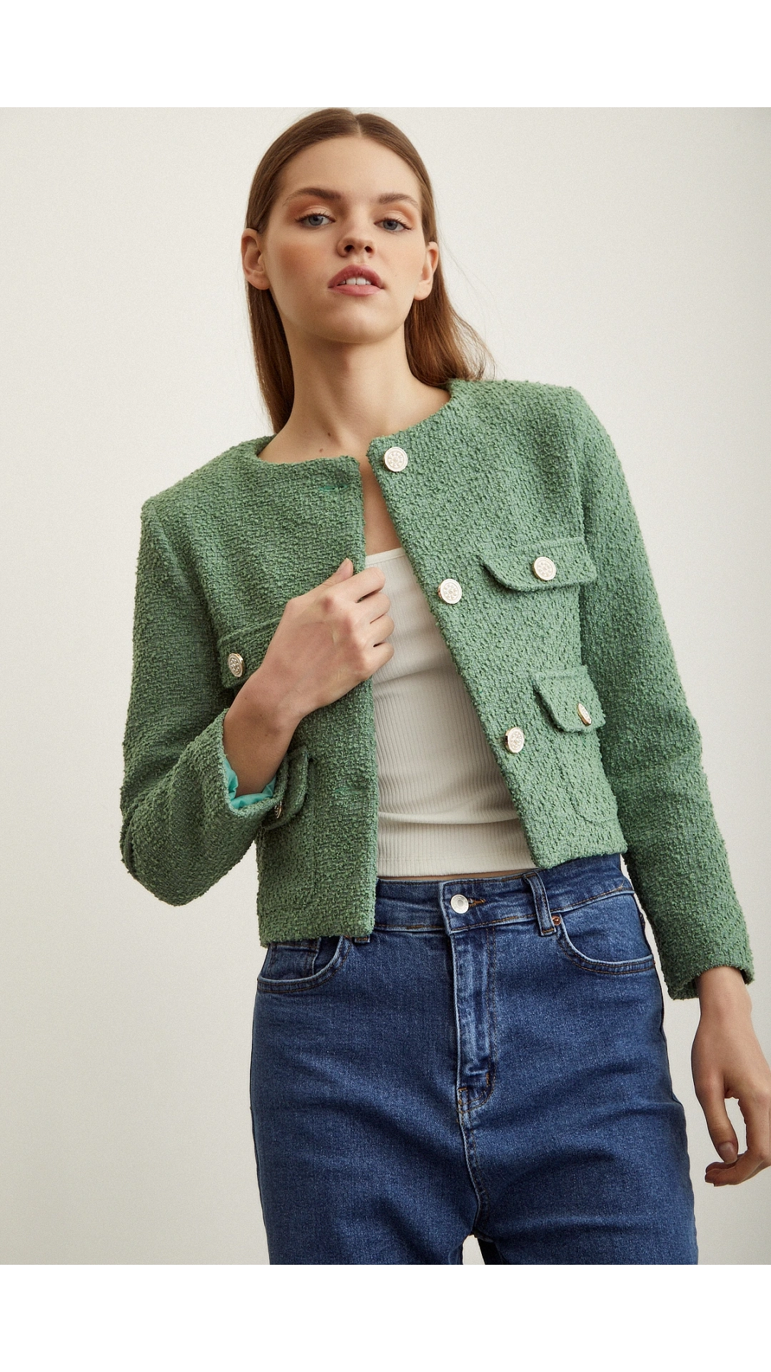 Düğme Detaylı Tüvit Ceket Yeşil