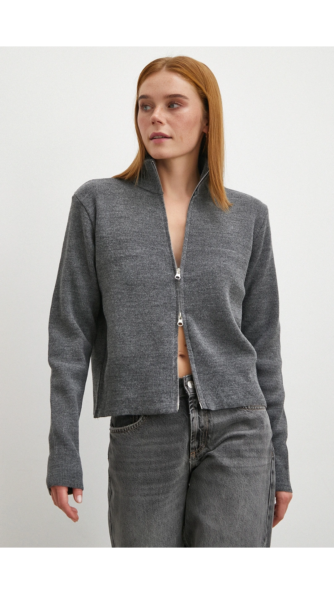 Çift Fermuarlı Triko Hırka Antirasit