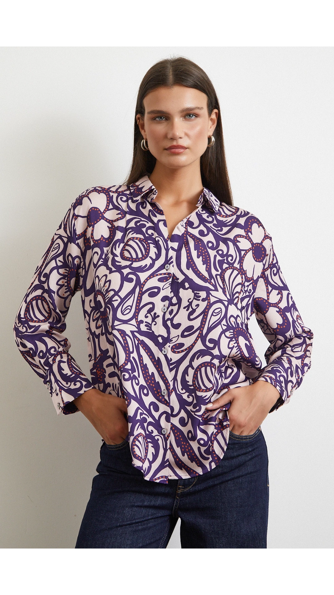 Çiçek Desenli Saten Gömlek Mor