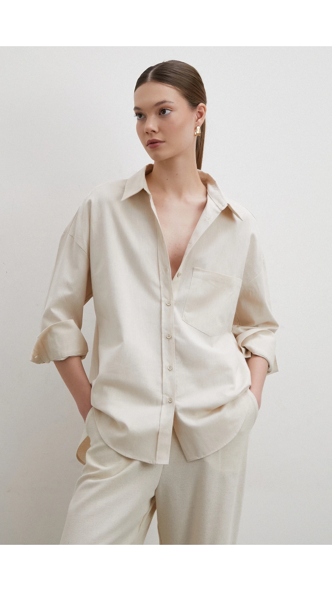 Keten Karışımlı Dökümlü Gömlek Bej