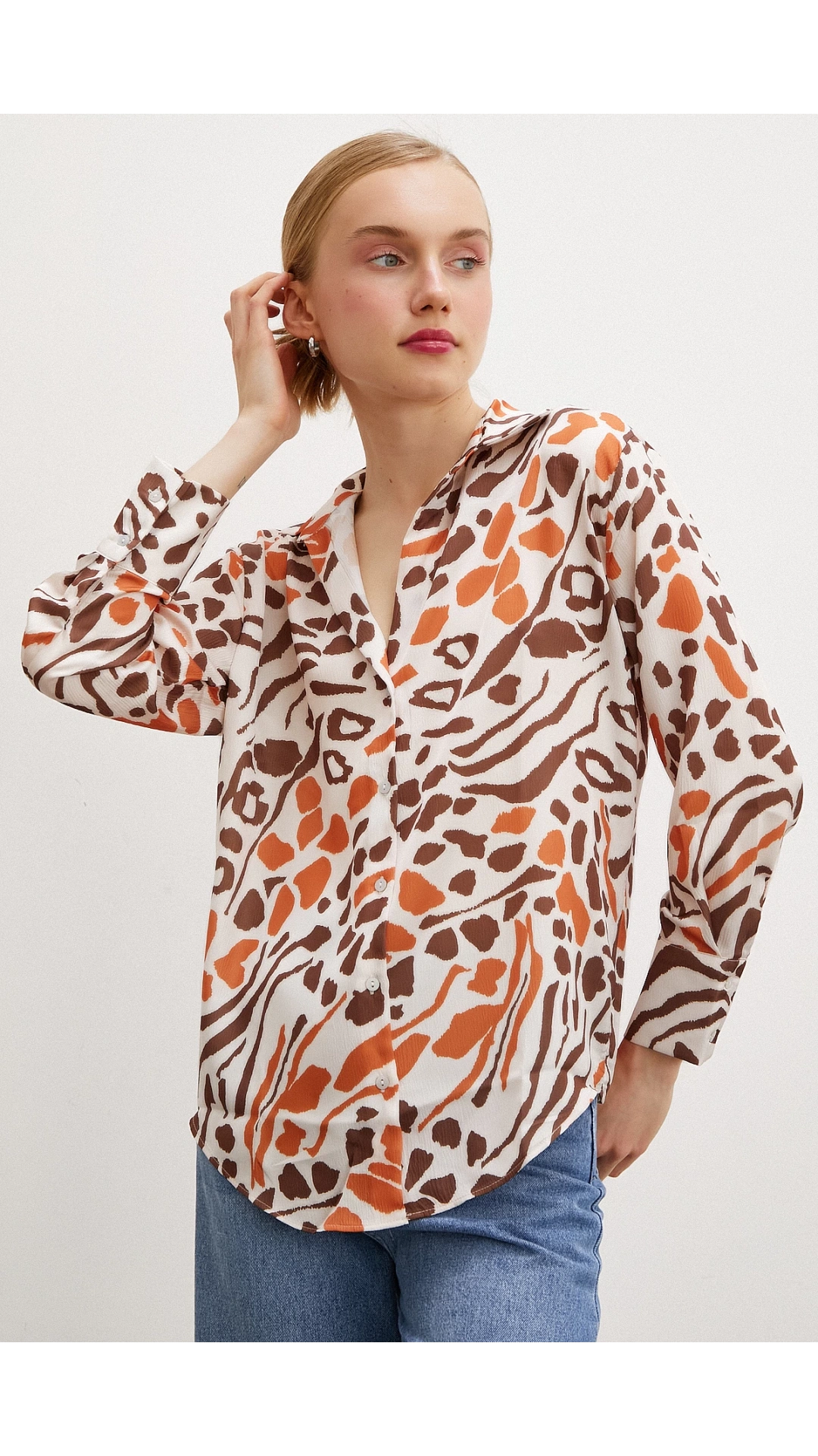 V Yaka Leopar Desen Gömlek Taş