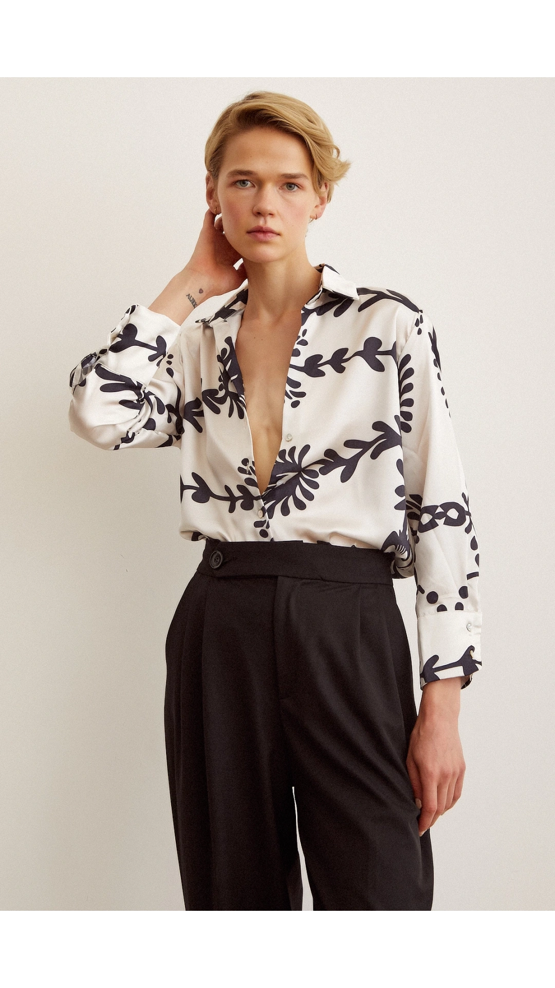 Desenli  Saten Gömlek Siyah