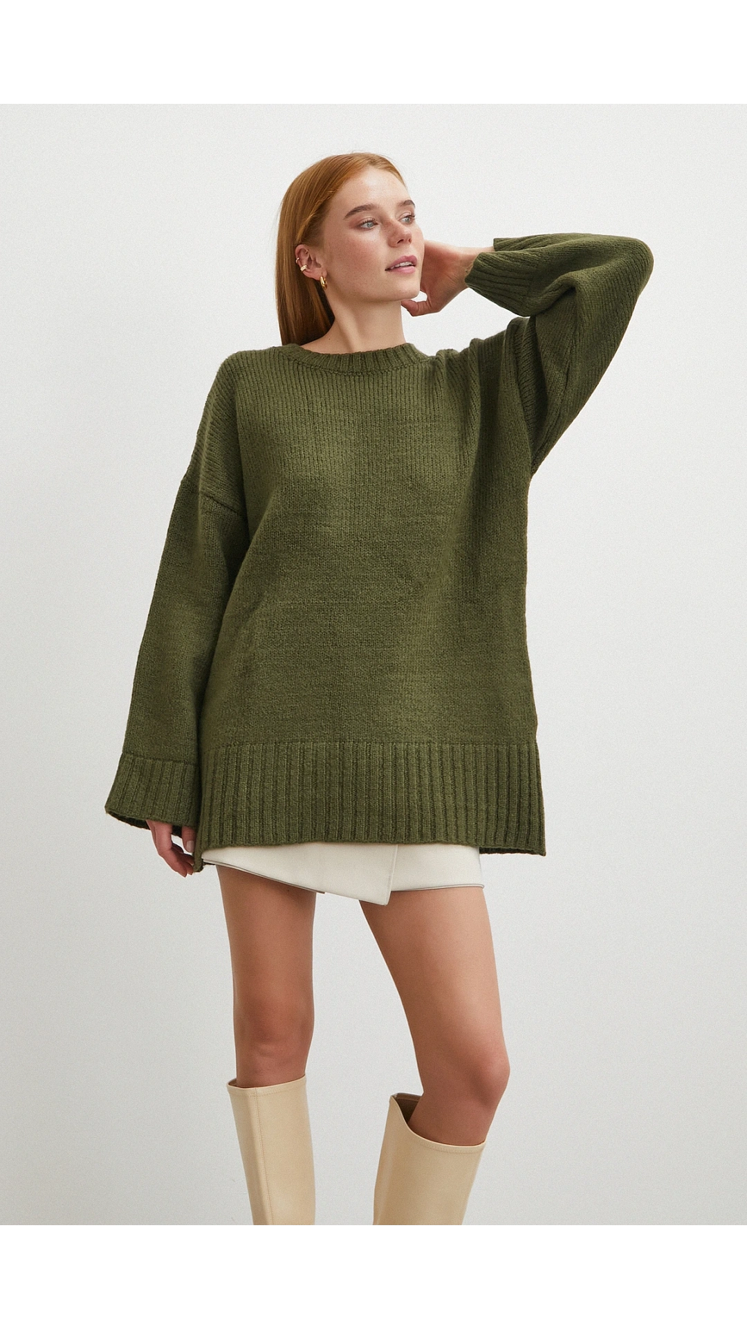 Bisiklet Yaka Fitilli Triko Kazak Haki