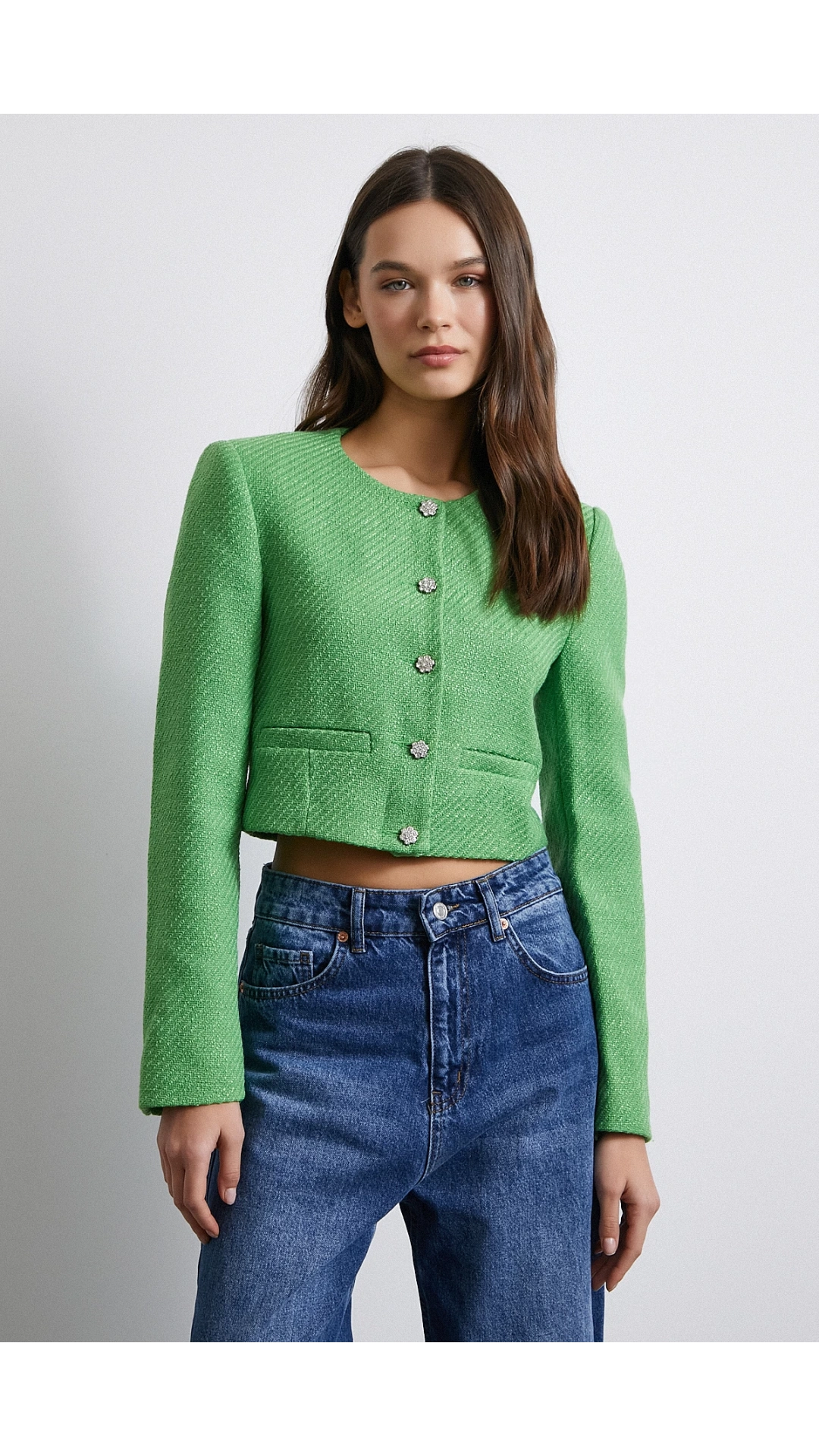 Cep Detaylı Düğmeli Tüvit Ceket Fıstık Yeşili