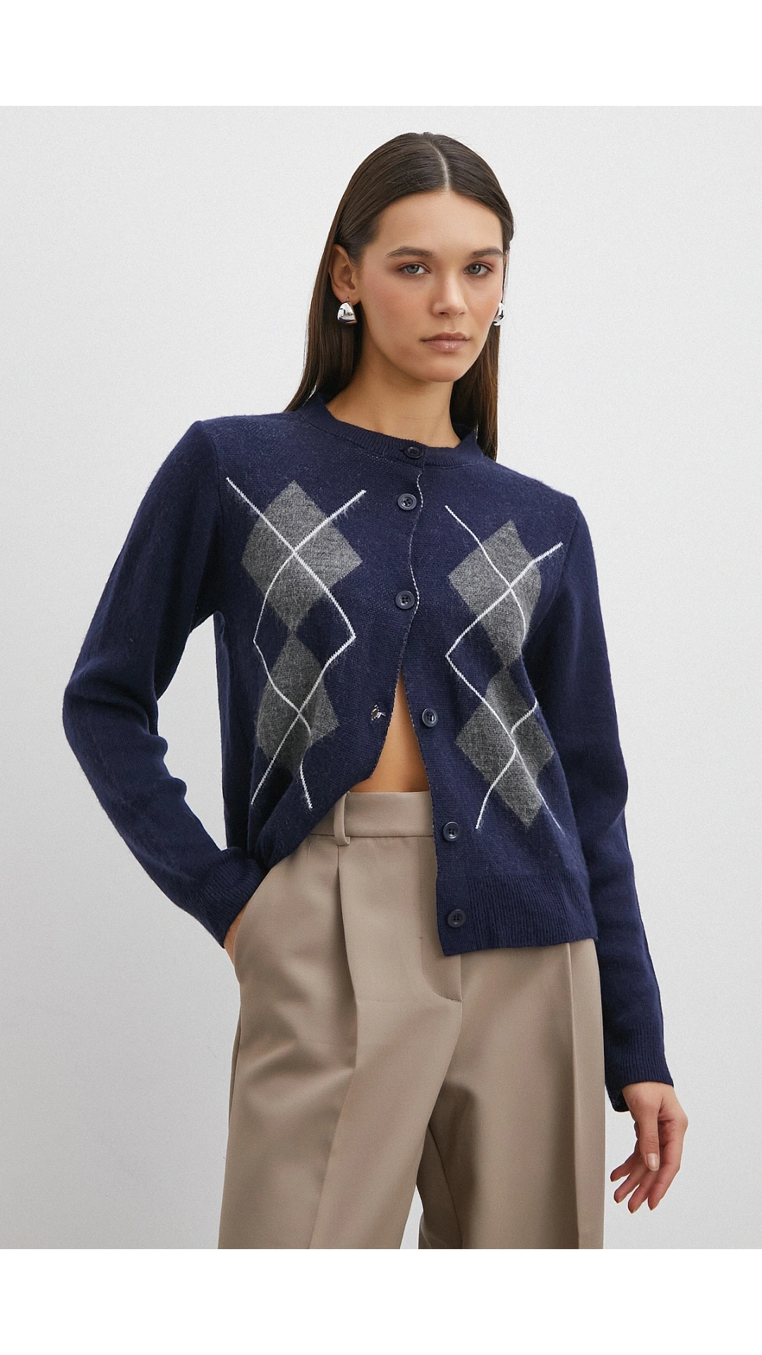 Düğmeli Baklava Desenli Hırka Lacivert