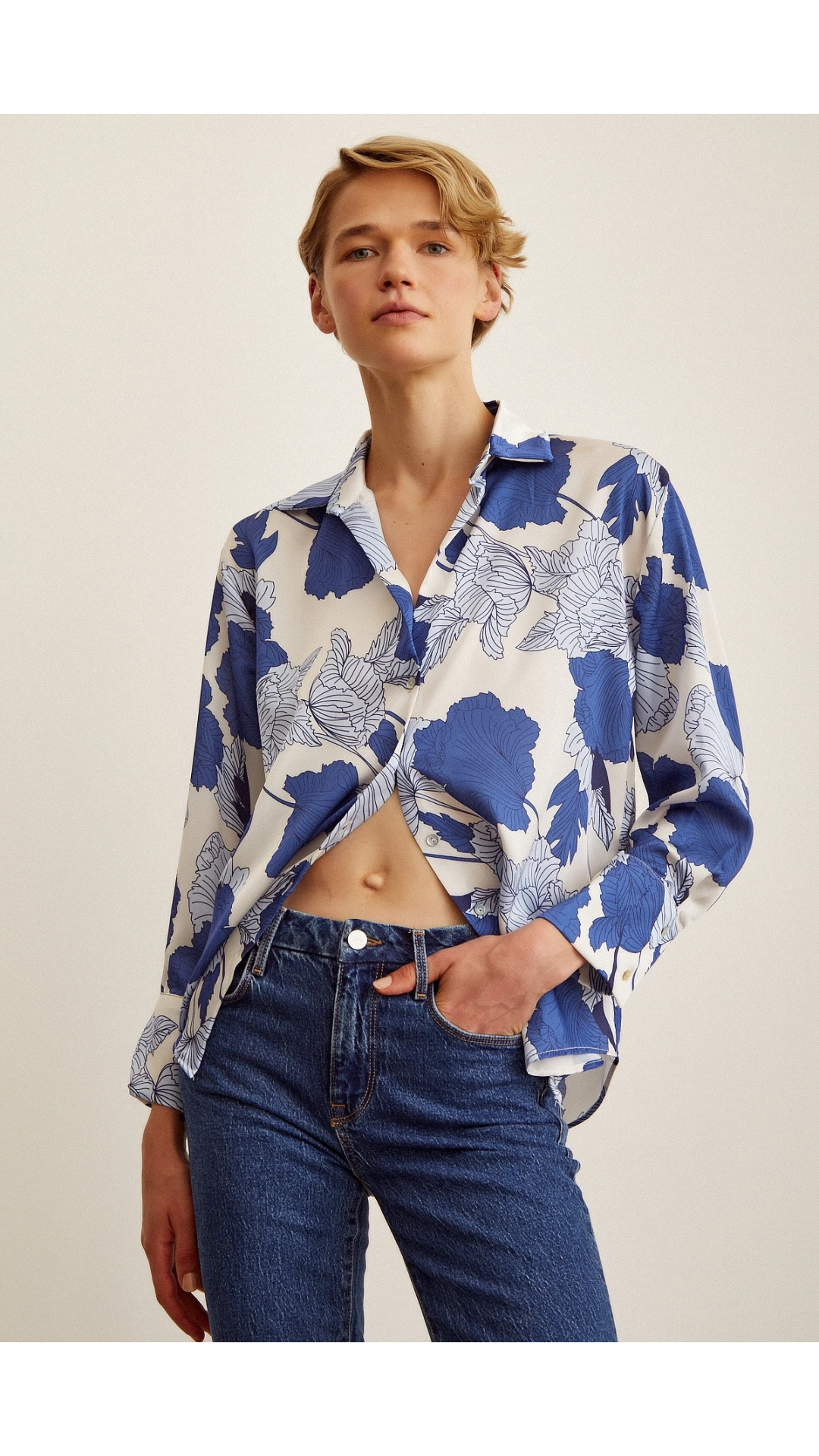 V Yaka Saten Gömlek Mavi