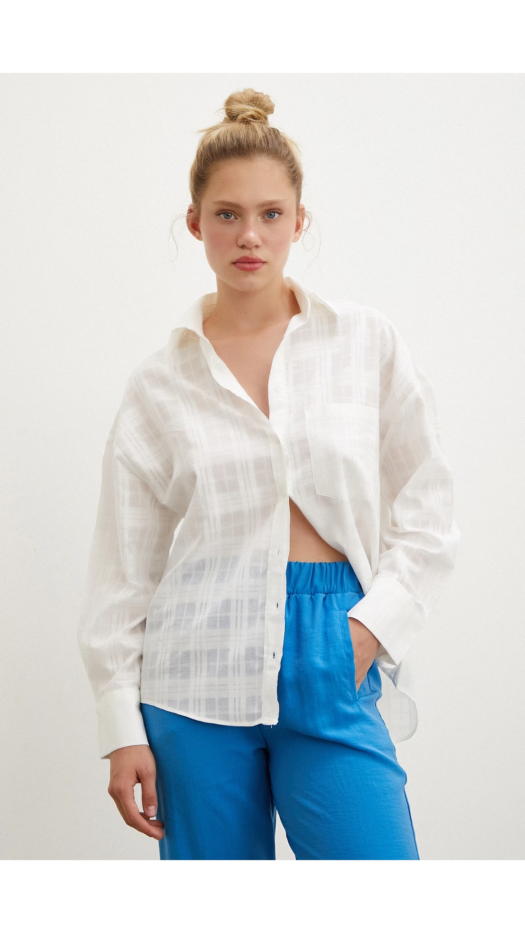 Kareli Poplin Gömlek Beyaz