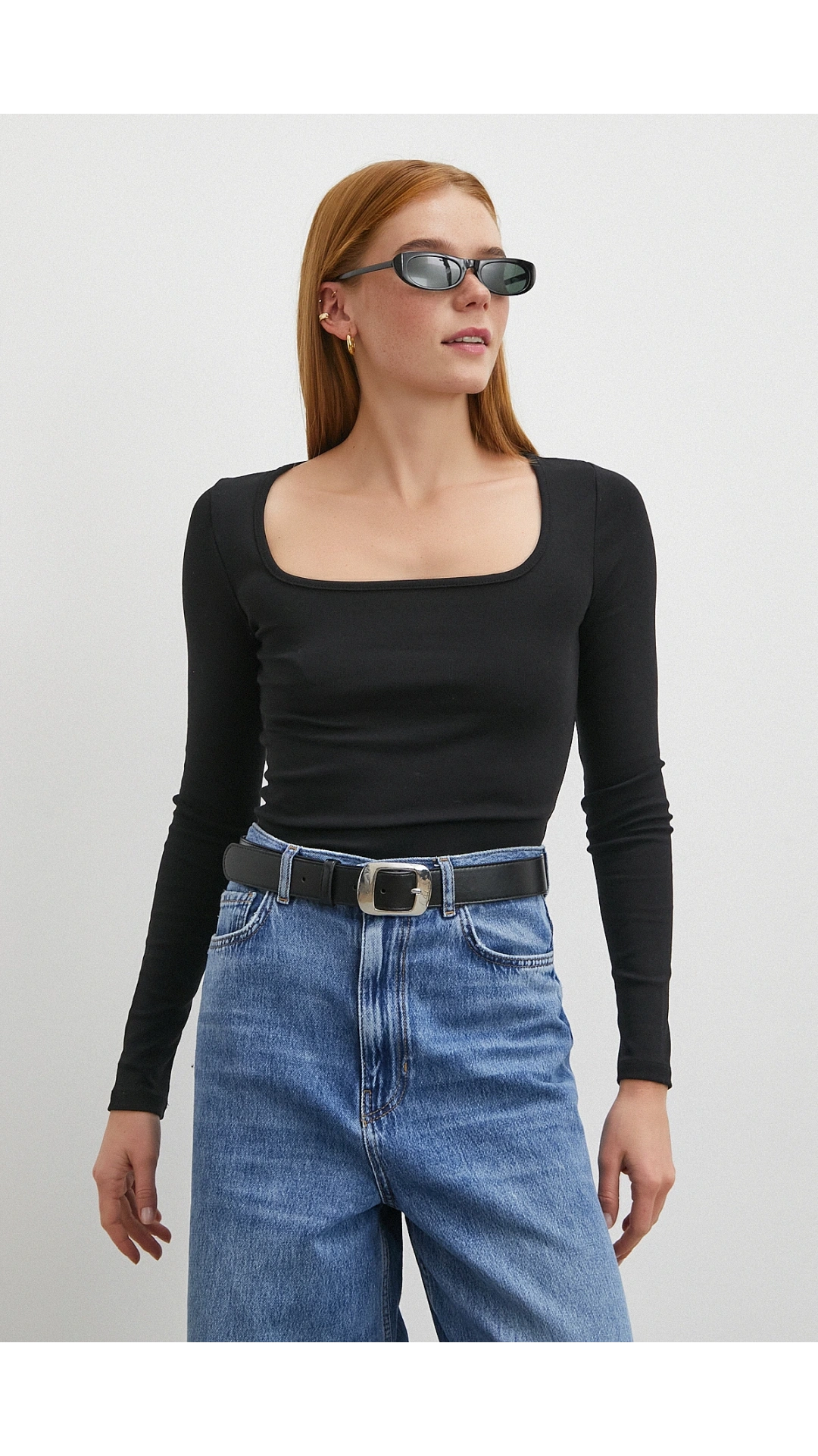 Uzun Kol Kare Yaka Bluz Siyah