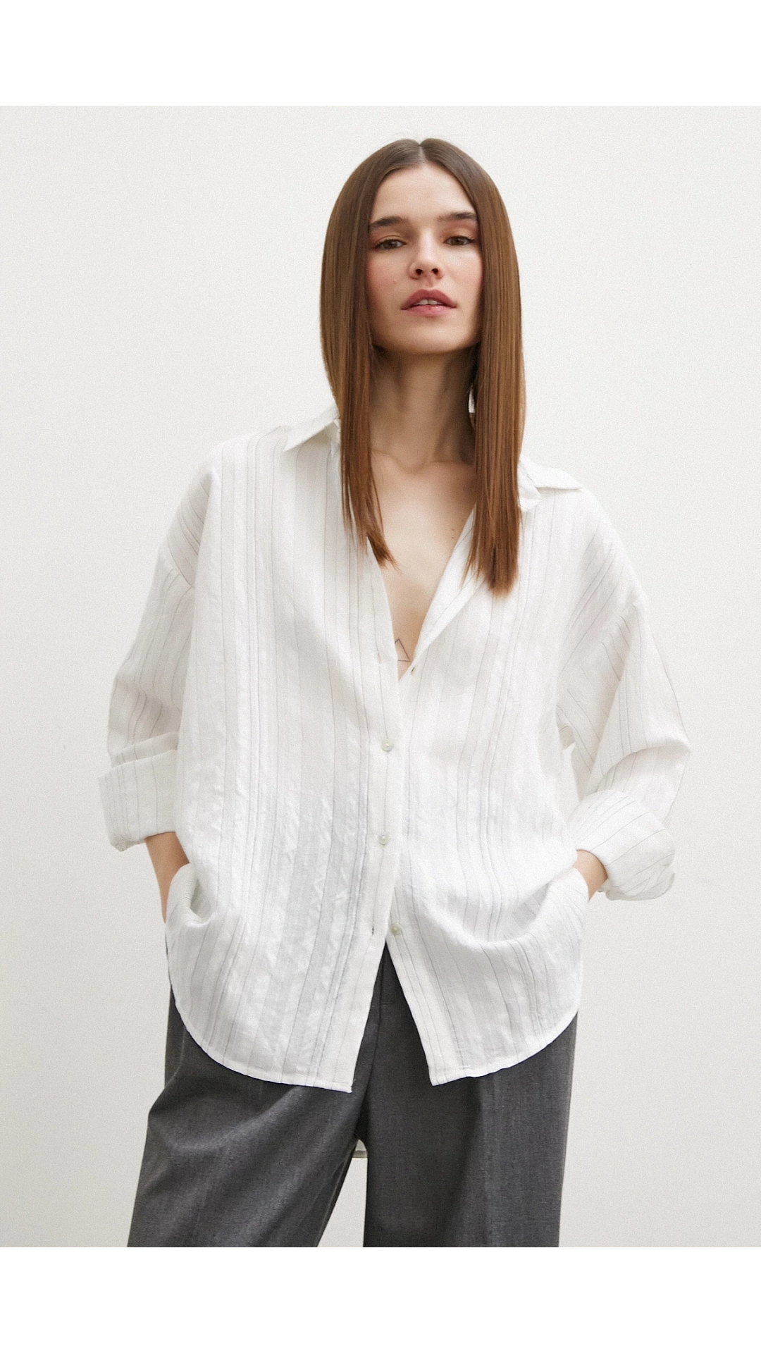 Dokulu Çizgili Gömlek Krem