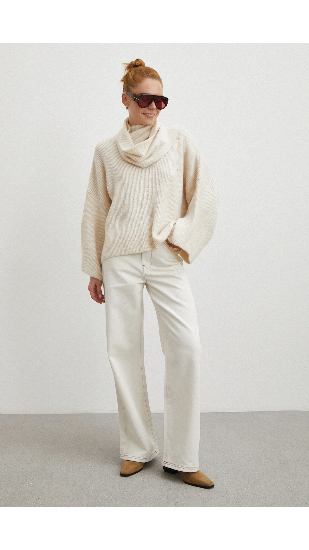 Yüksek Bel Baggy Jean Kırık Beyaz