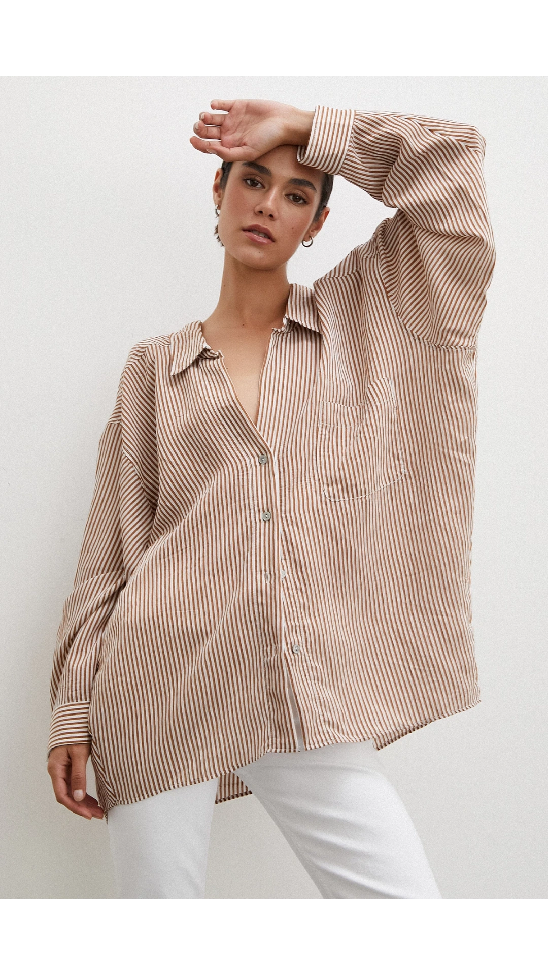 Yarasa Kol Çizgili Gömlek Kahve