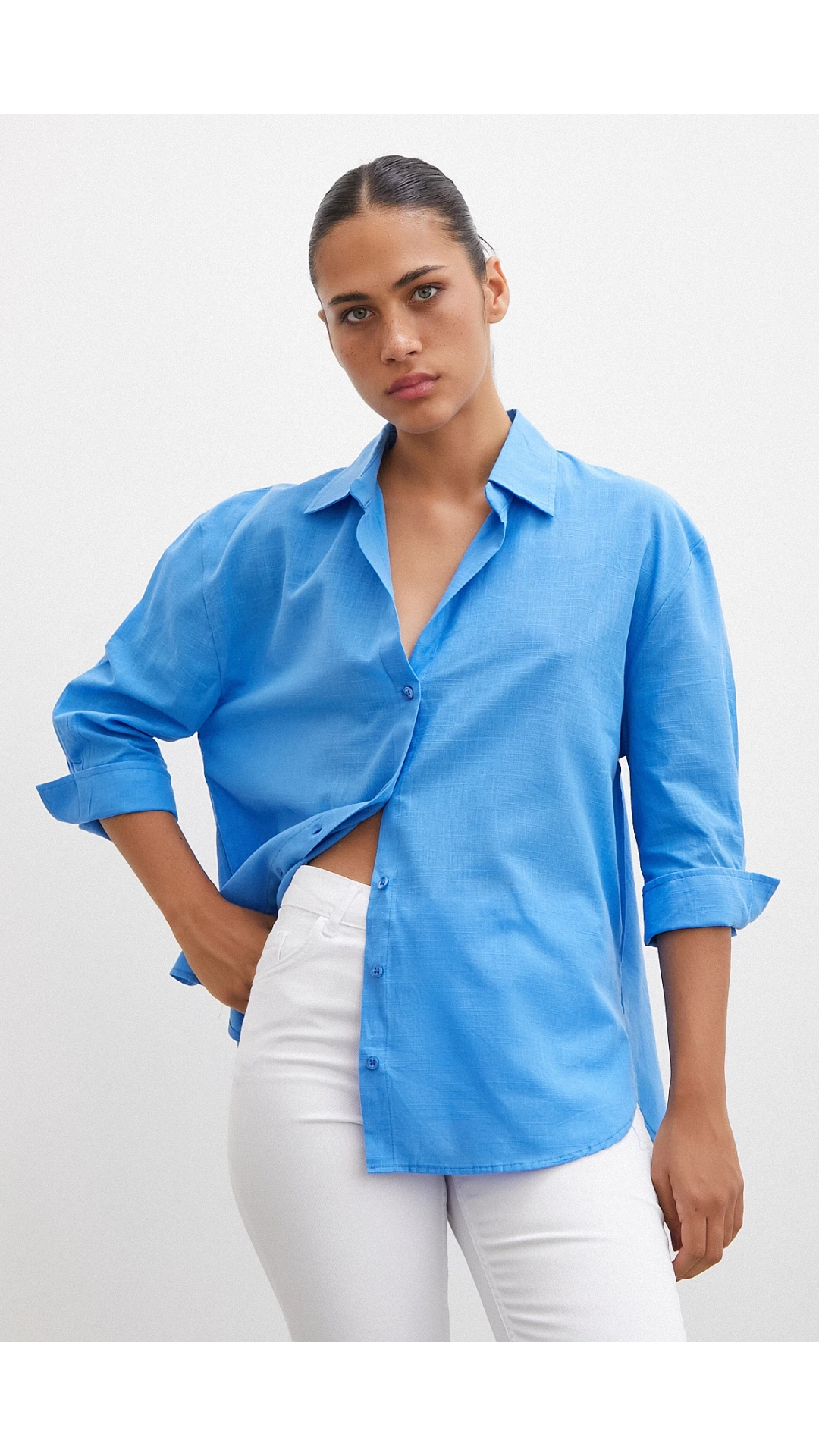 Geniş Manşetli Keten Gömlek Mavi