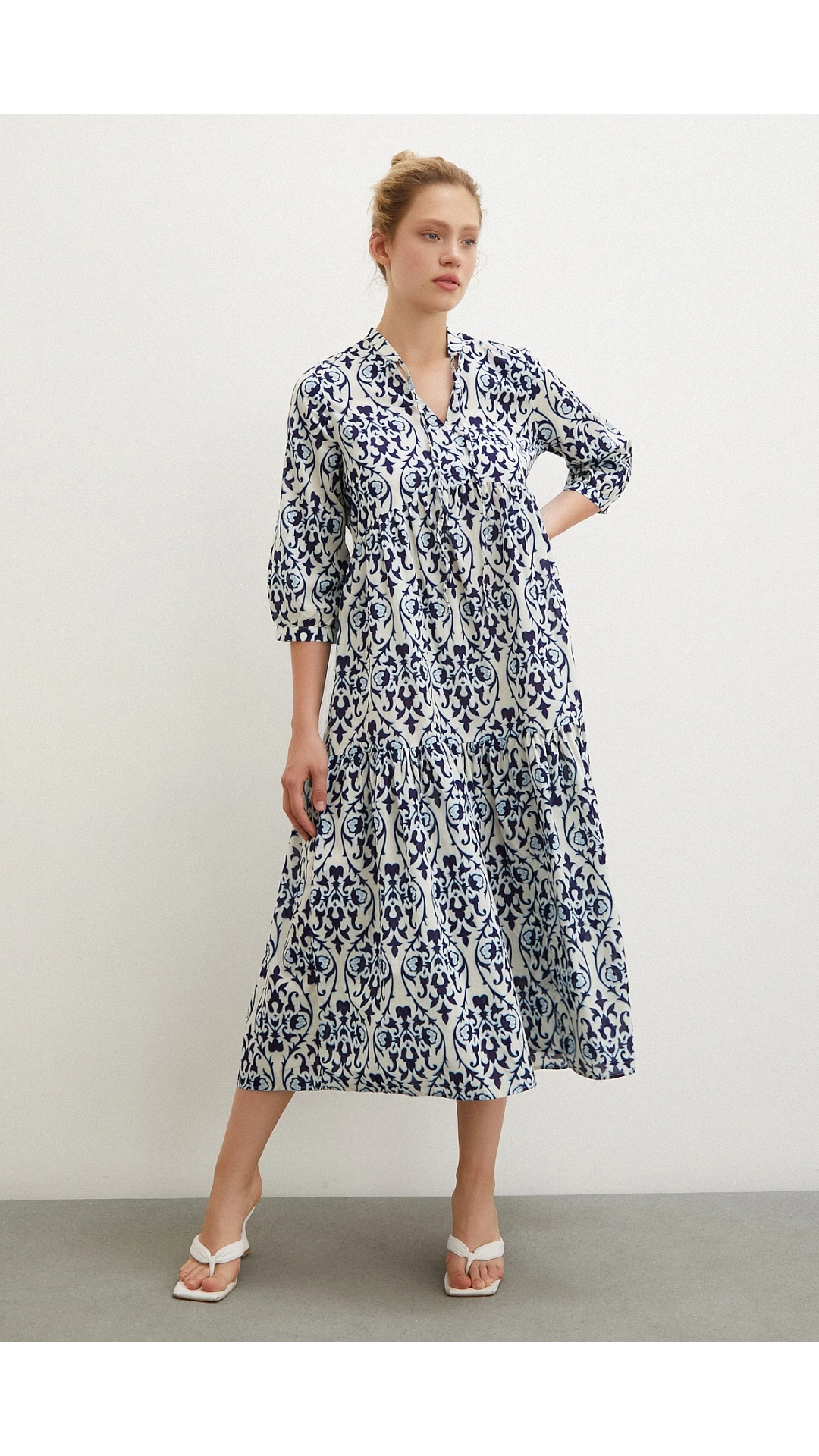 Hakim Yaka Desenli Maxi Elbise Lacivert