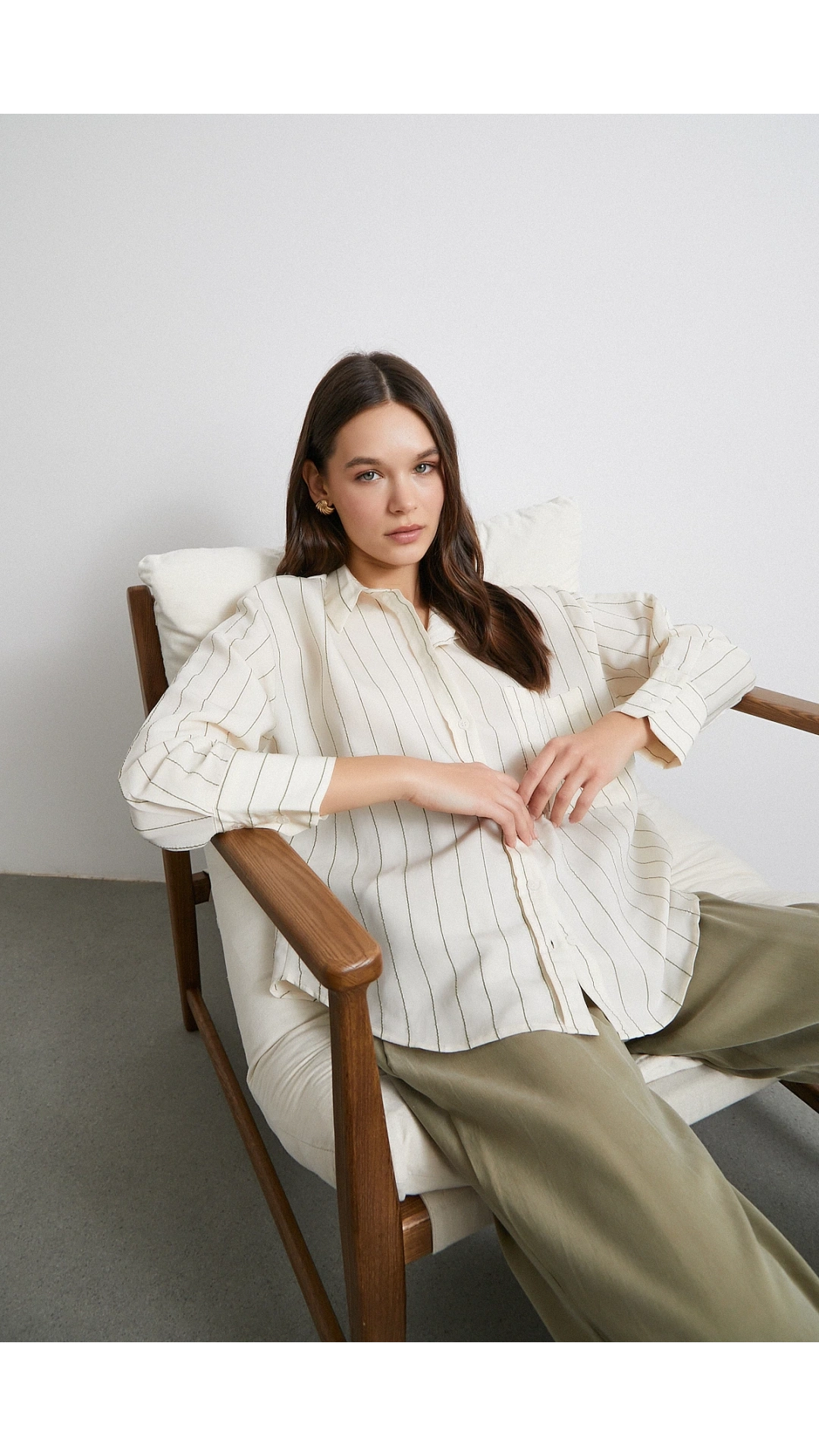 Kontrast Çizgili Modal Gömlek Haki