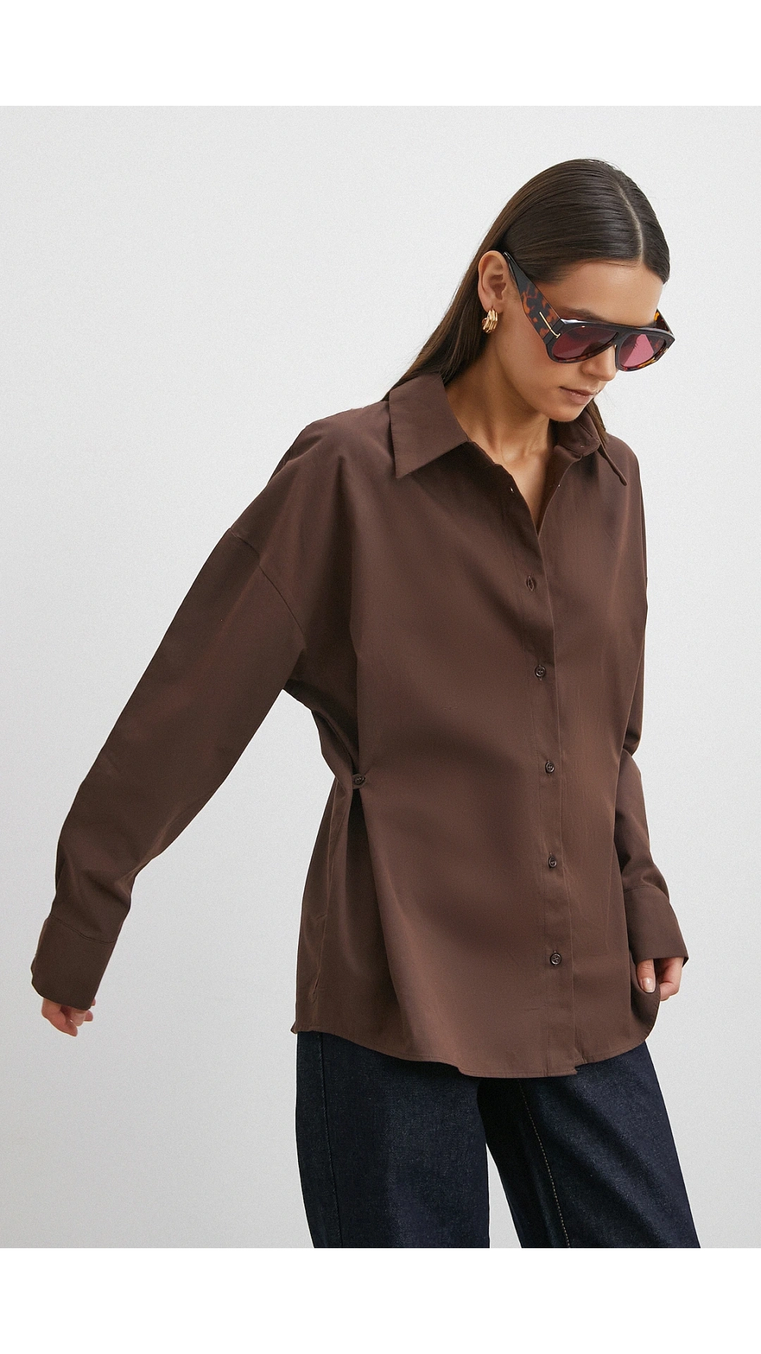 Düğme Detaylı Pamuklu Gömlek Kahve
