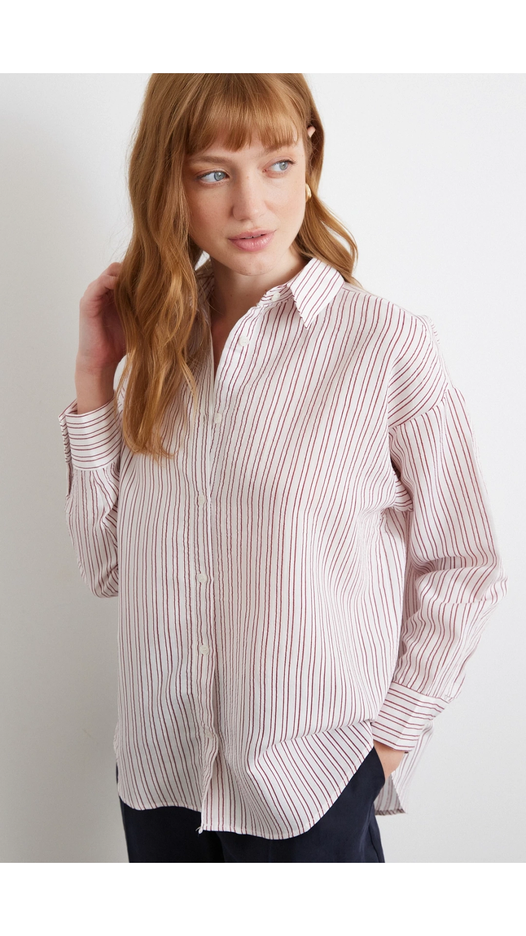 Simetrik Çizgili Gömlek Bordo