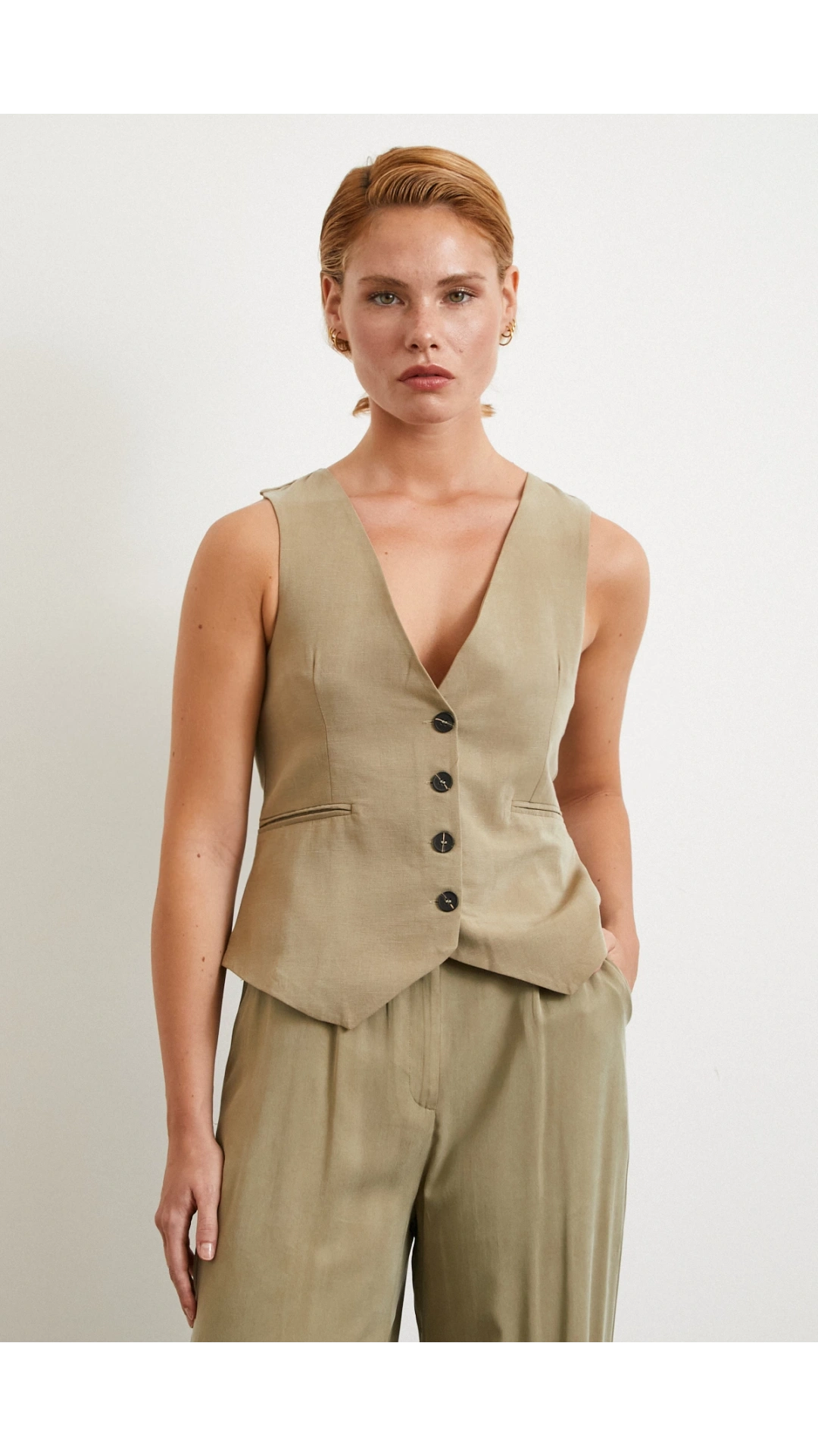 Cep Kapaklı Keten Yelek Haki