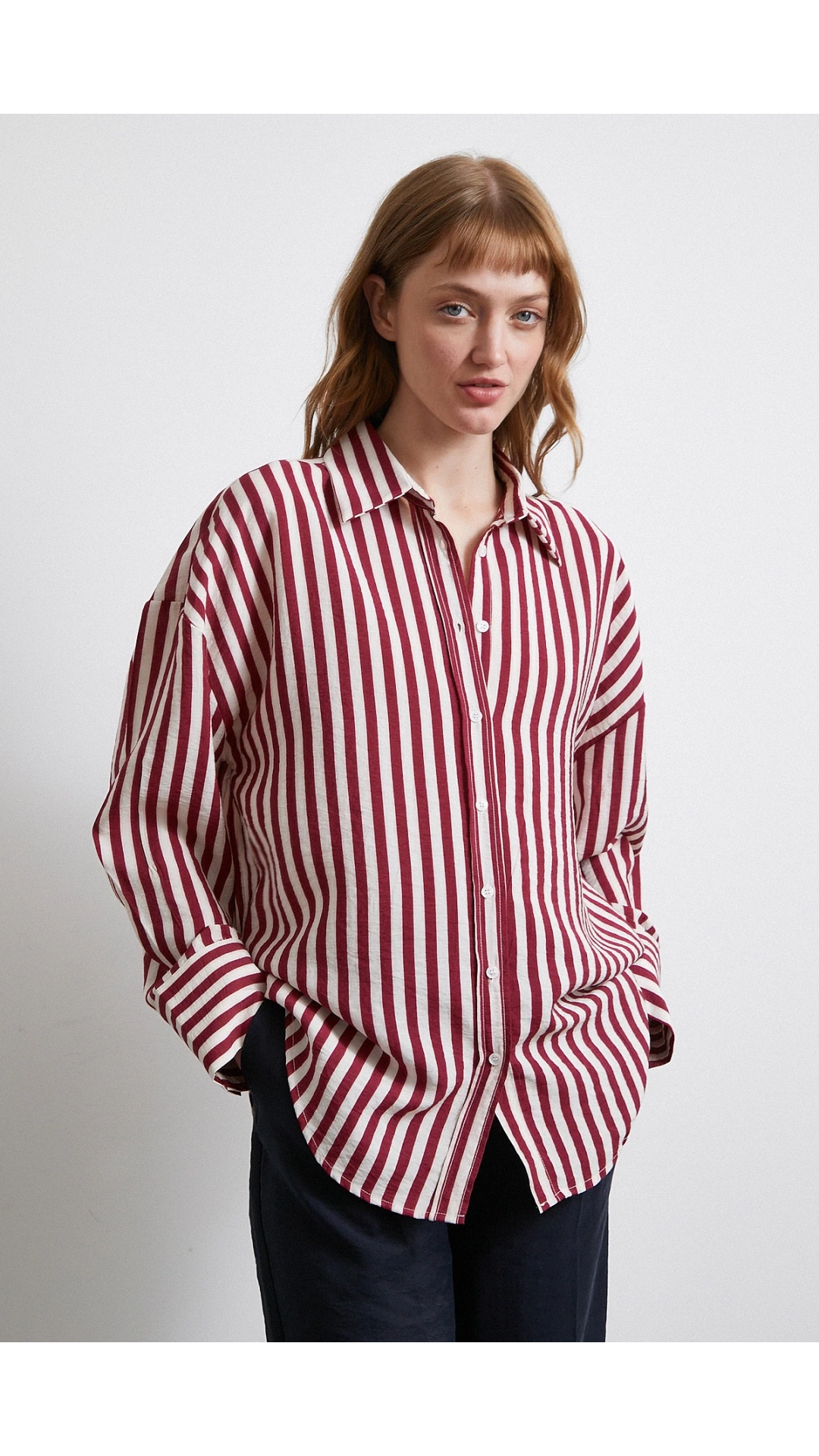 Çizgili T Kol Gömlek Bordo