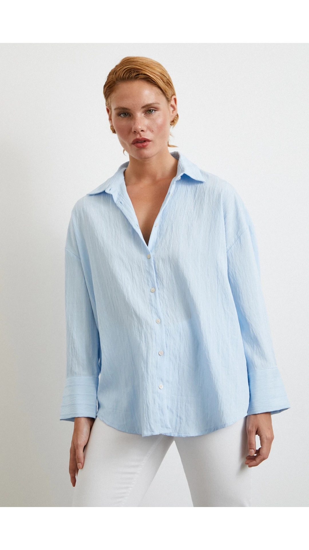 Kabartma Çizgili Oversize Gömlek Mavi