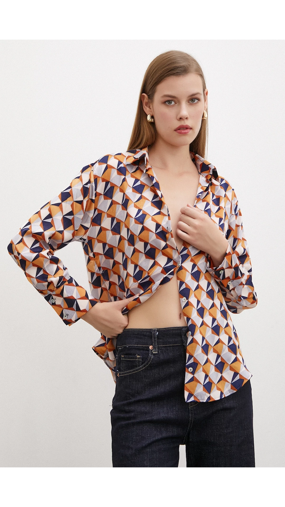 Desenli Saten Gömlek Pudra