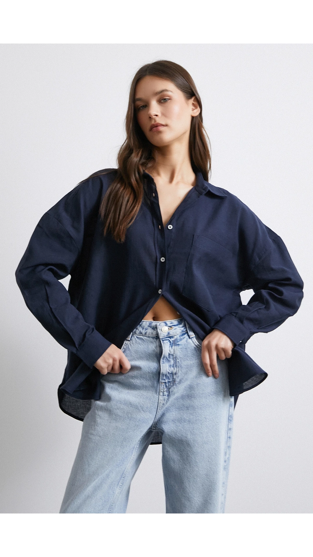 Cepli Oversize Keten  Gömlek Lacivert