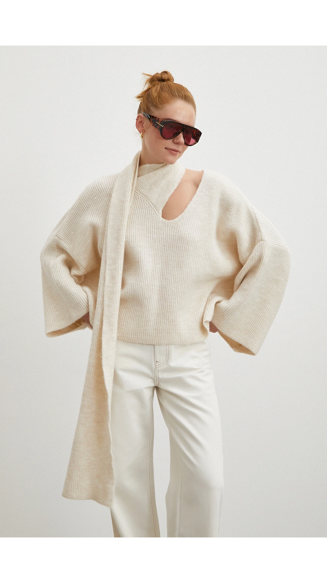 Fitilli Şal Yaka Kazak Ekru