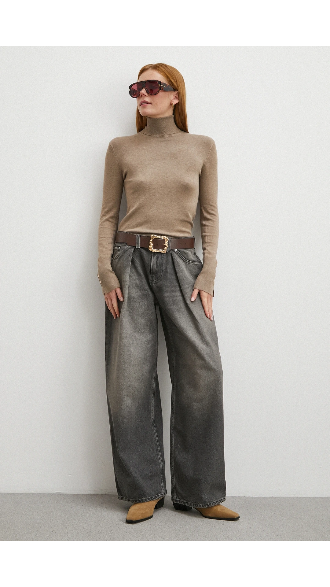 Yüksek Bel Pileli Geniş Paça Jean Füme