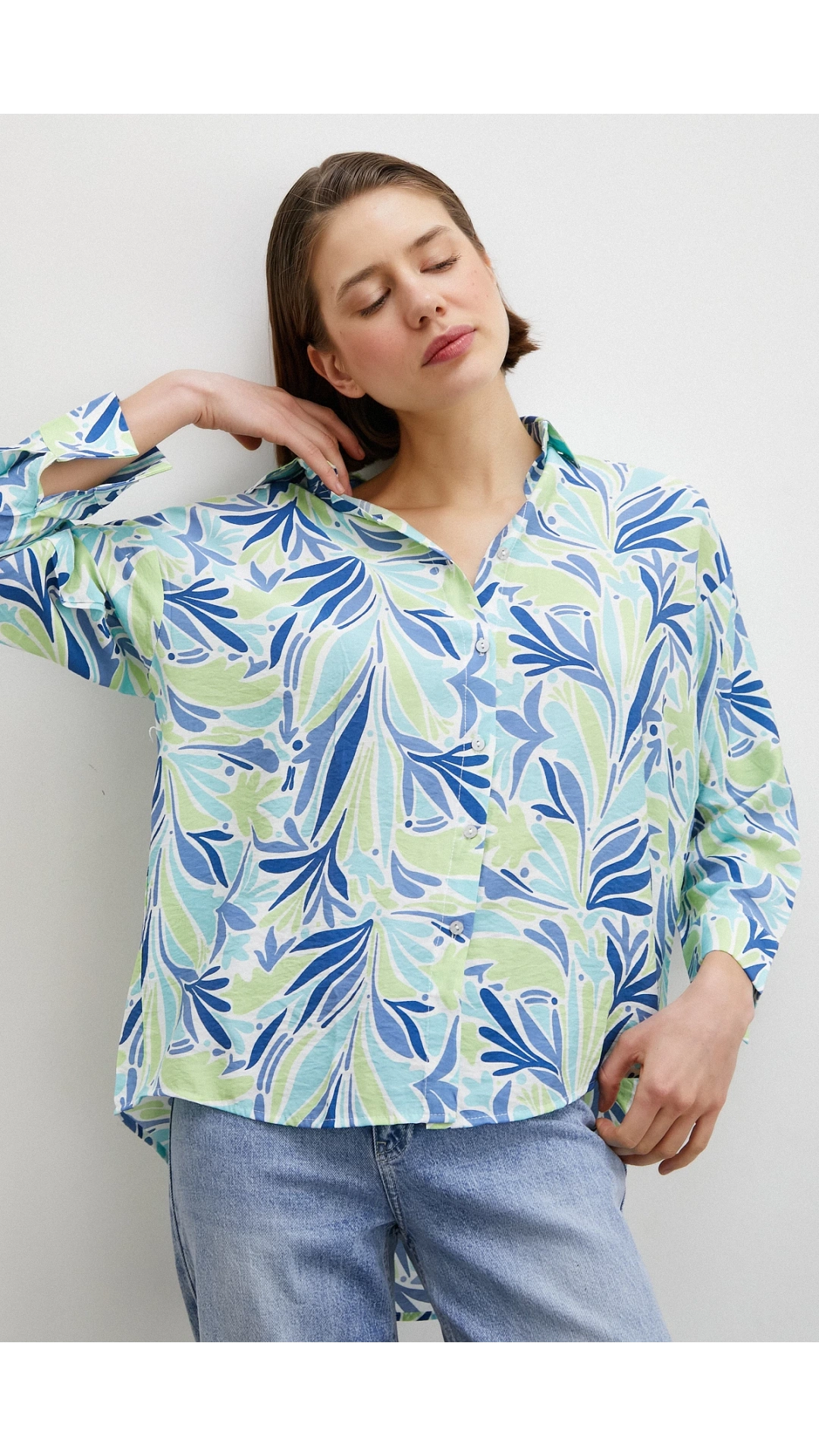 Baskılı Modal Gömlek Mavi