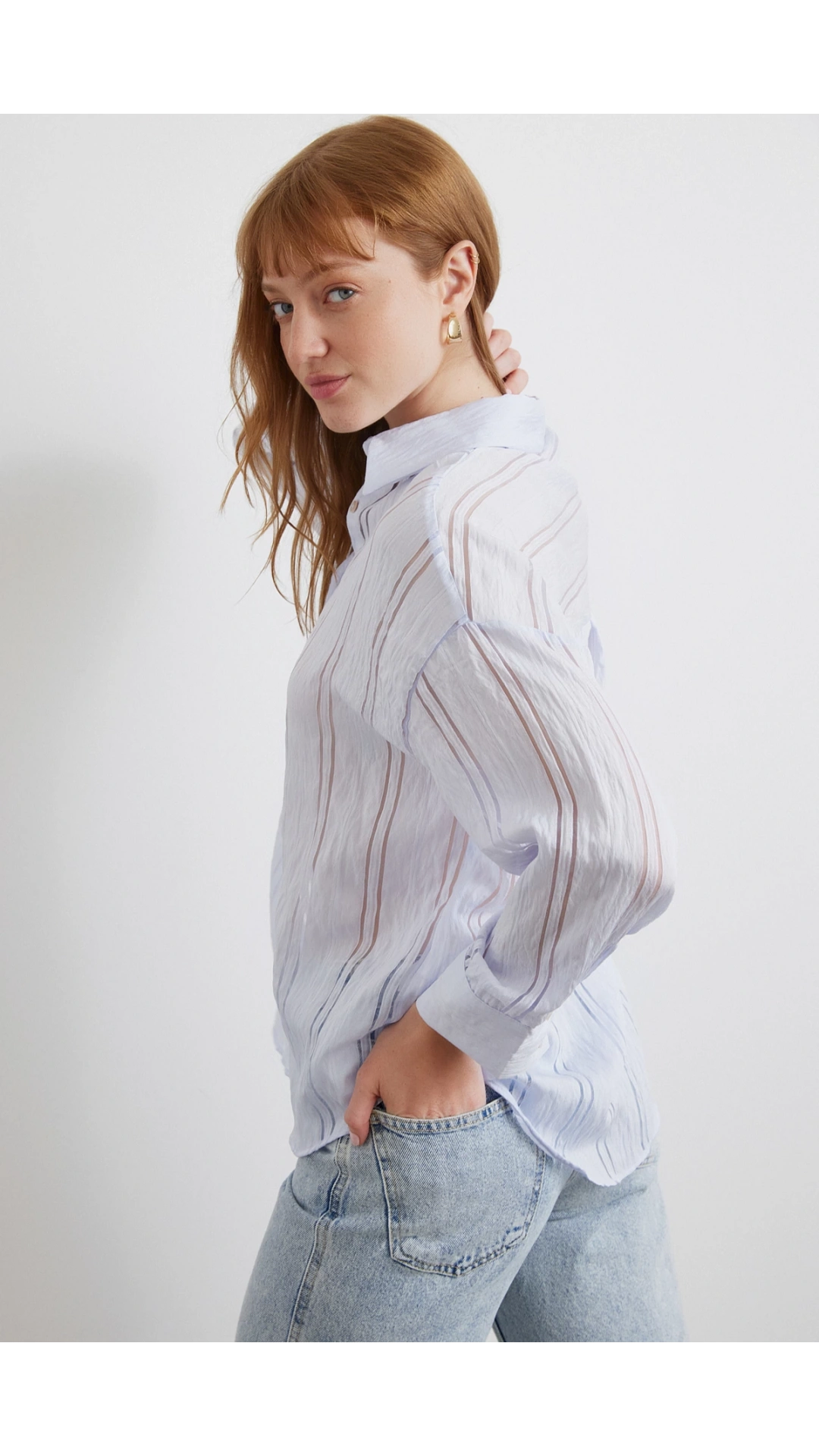 Organze Çizgili Gömlek Mavi