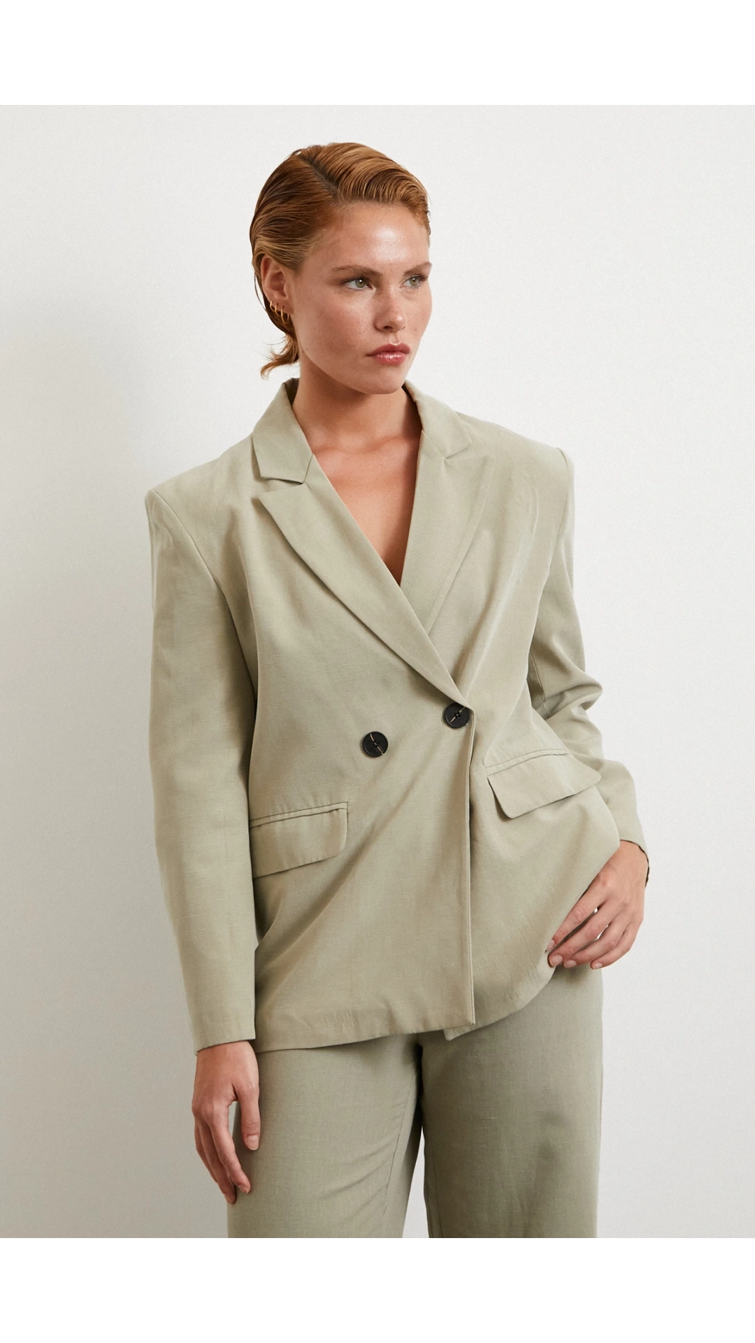 Çift Düğmeli Keten Blazer Ceket Gri