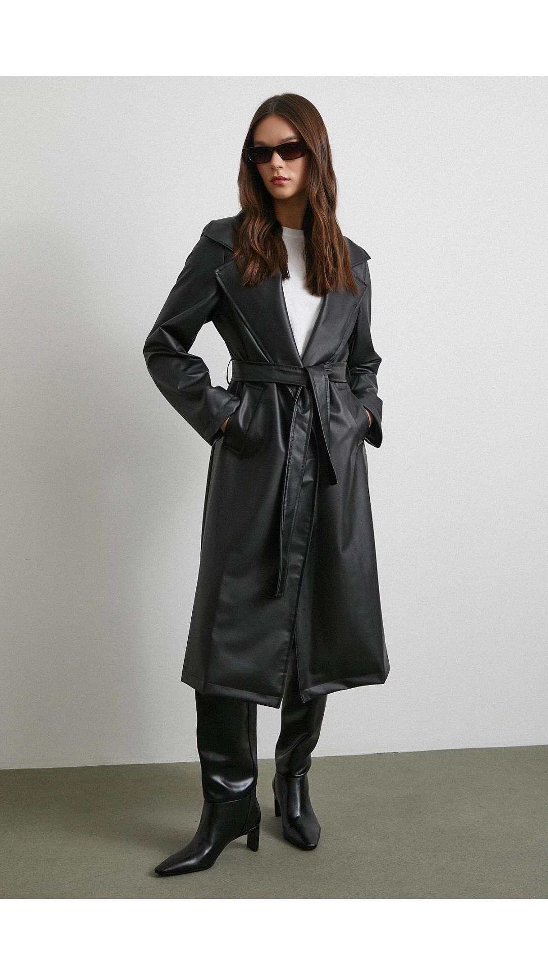 Kuşaklı Deri Pardesü Siyah