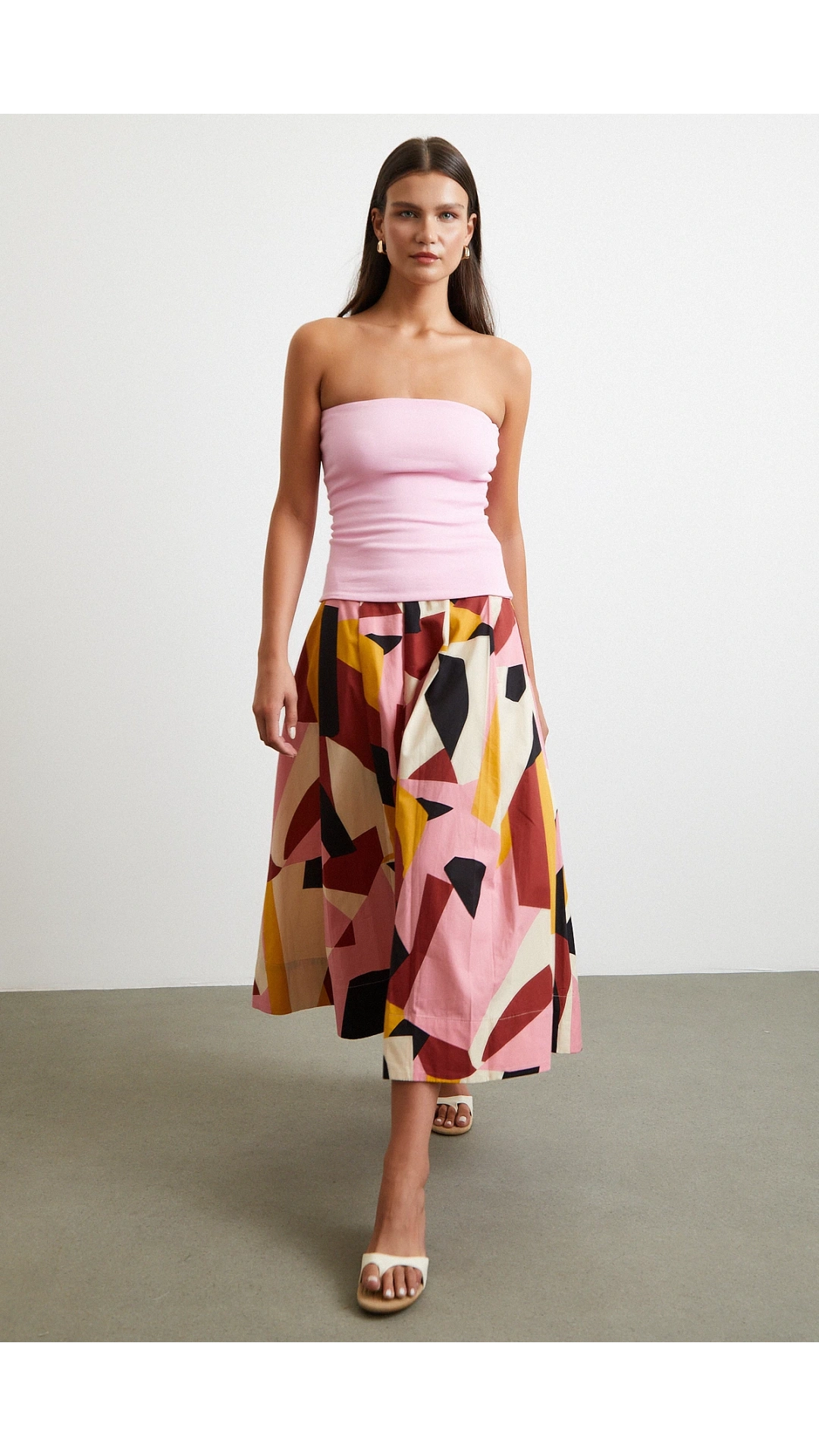 Desenli Midi Etek Pembe