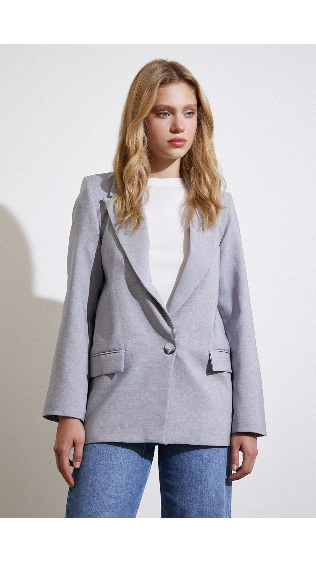 Tek Düğmeli Blazer Ceket Gri