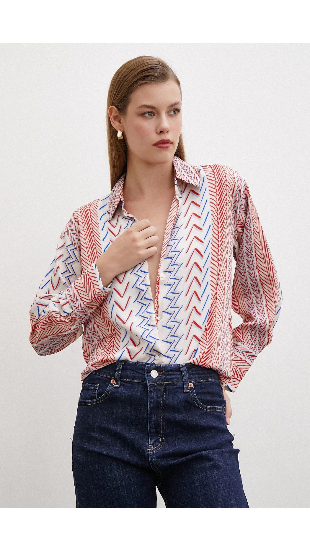 Etnik Çizim Desenli Gömlek Kırmızı