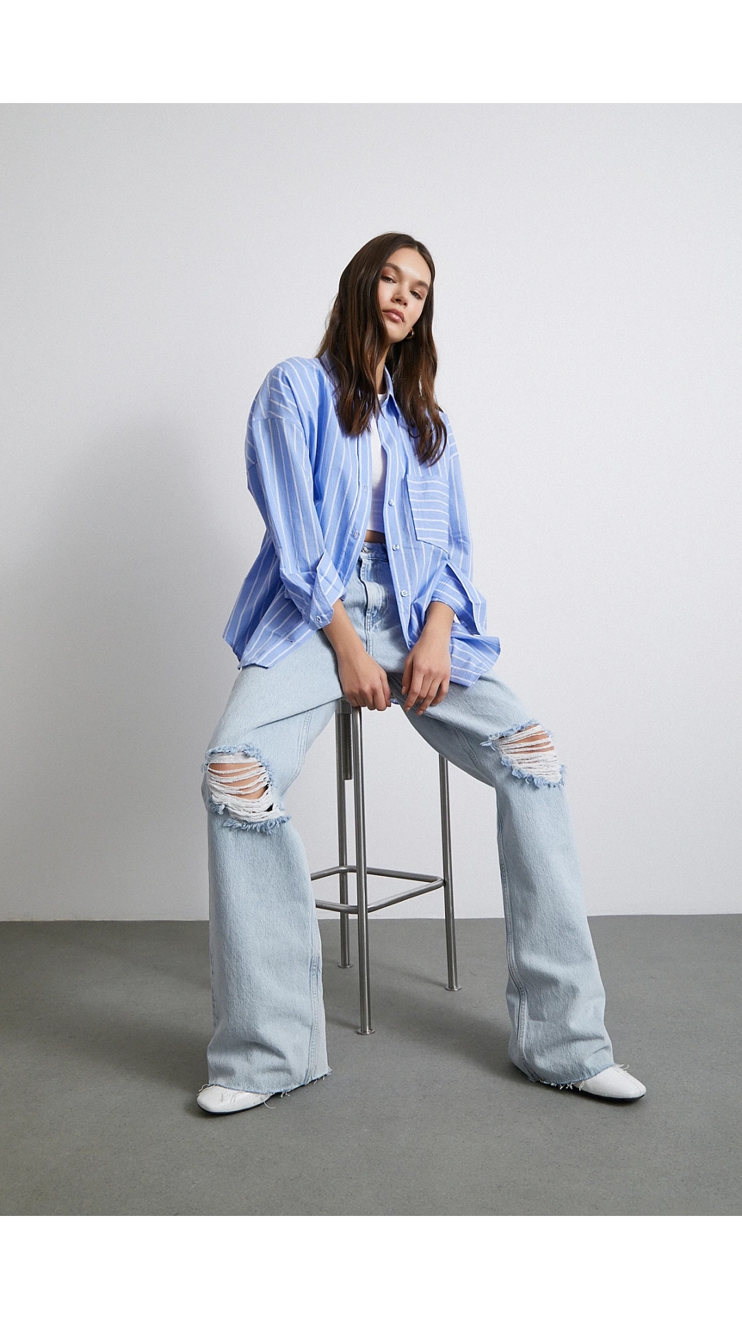 Basic Organik Pamuk Çizgili Gömlek Mavi