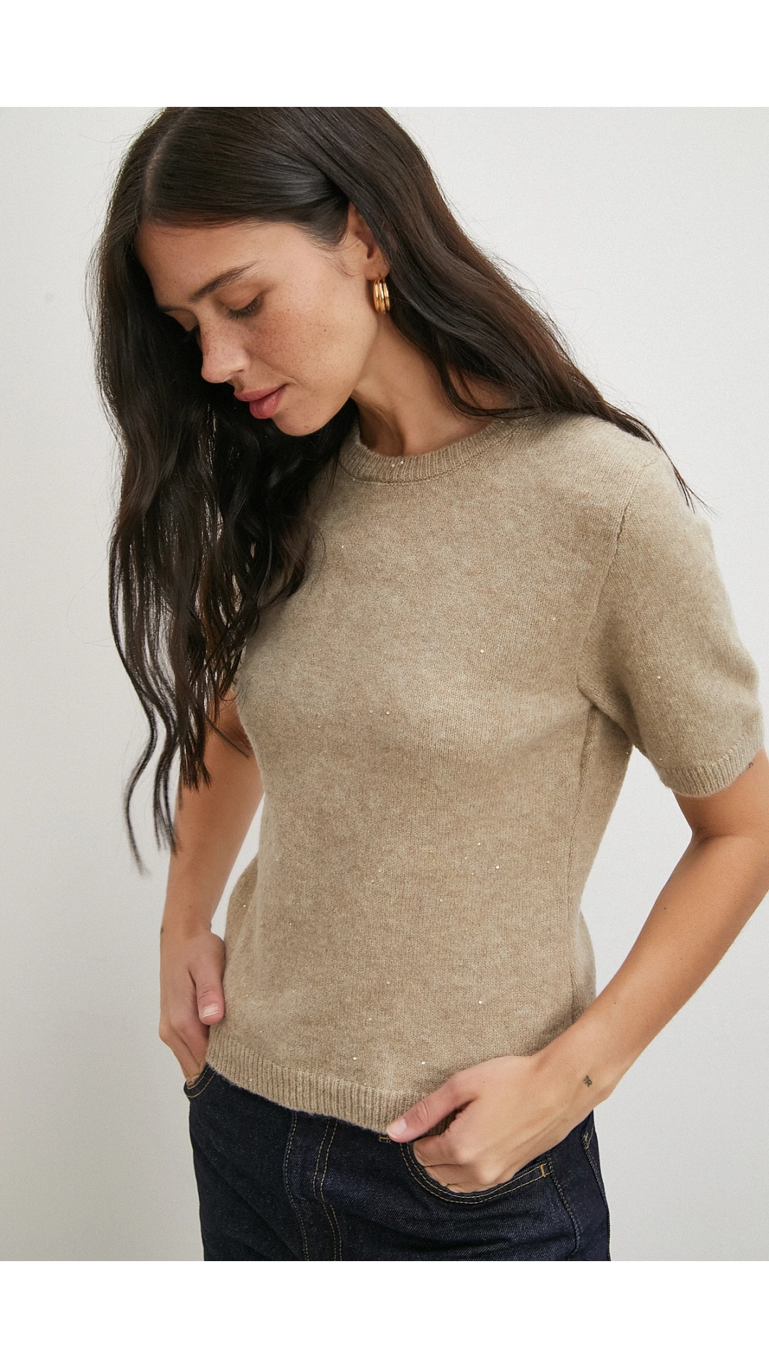 Simli Kısa Kol Kazak Vizon