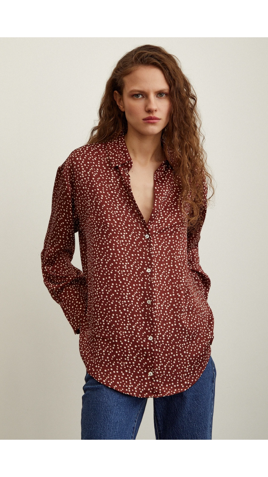 Puantiye Desenli Saten Gömlek Kiremit