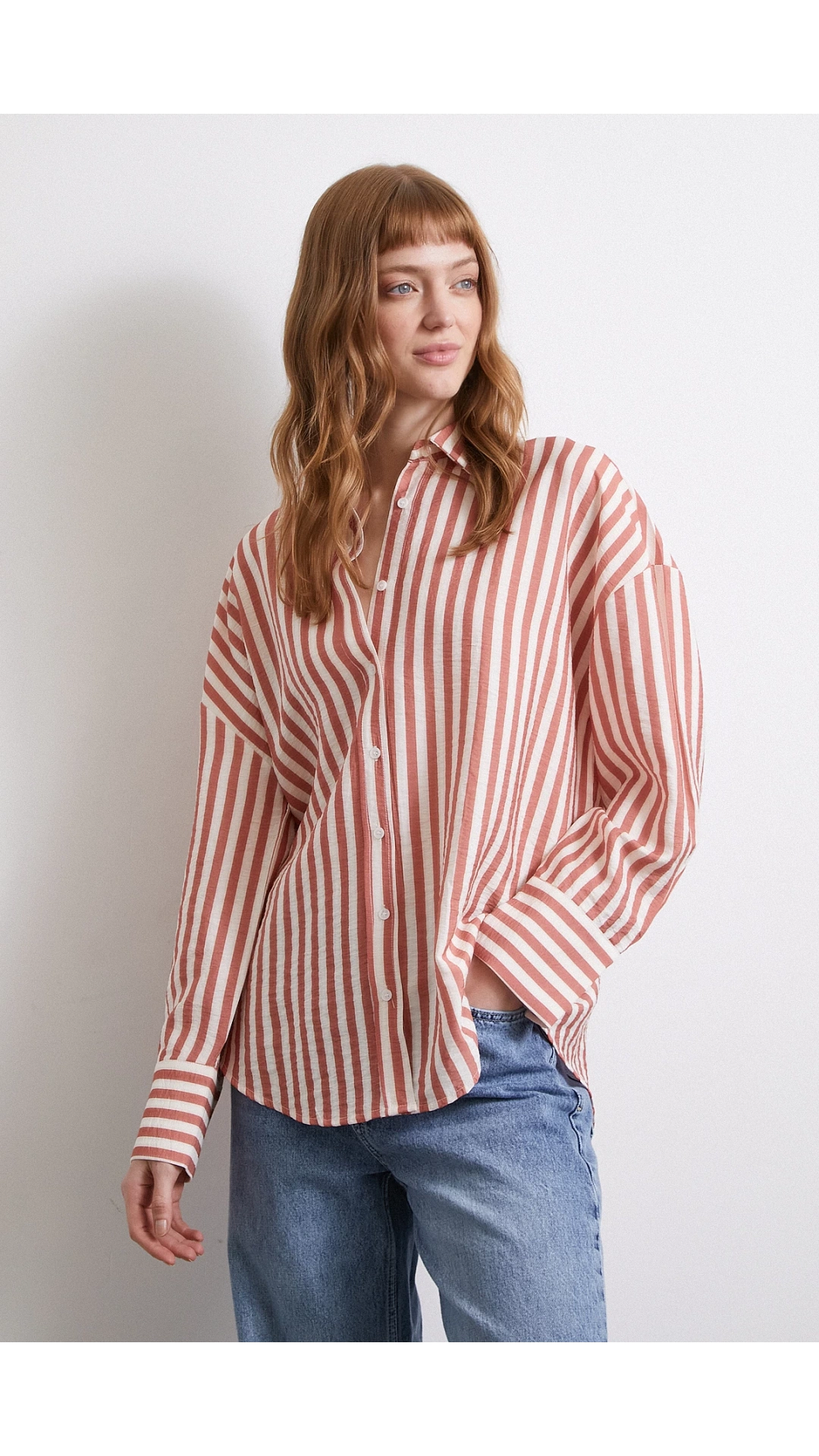 Çizgili T Kol Gömlek Kiremit