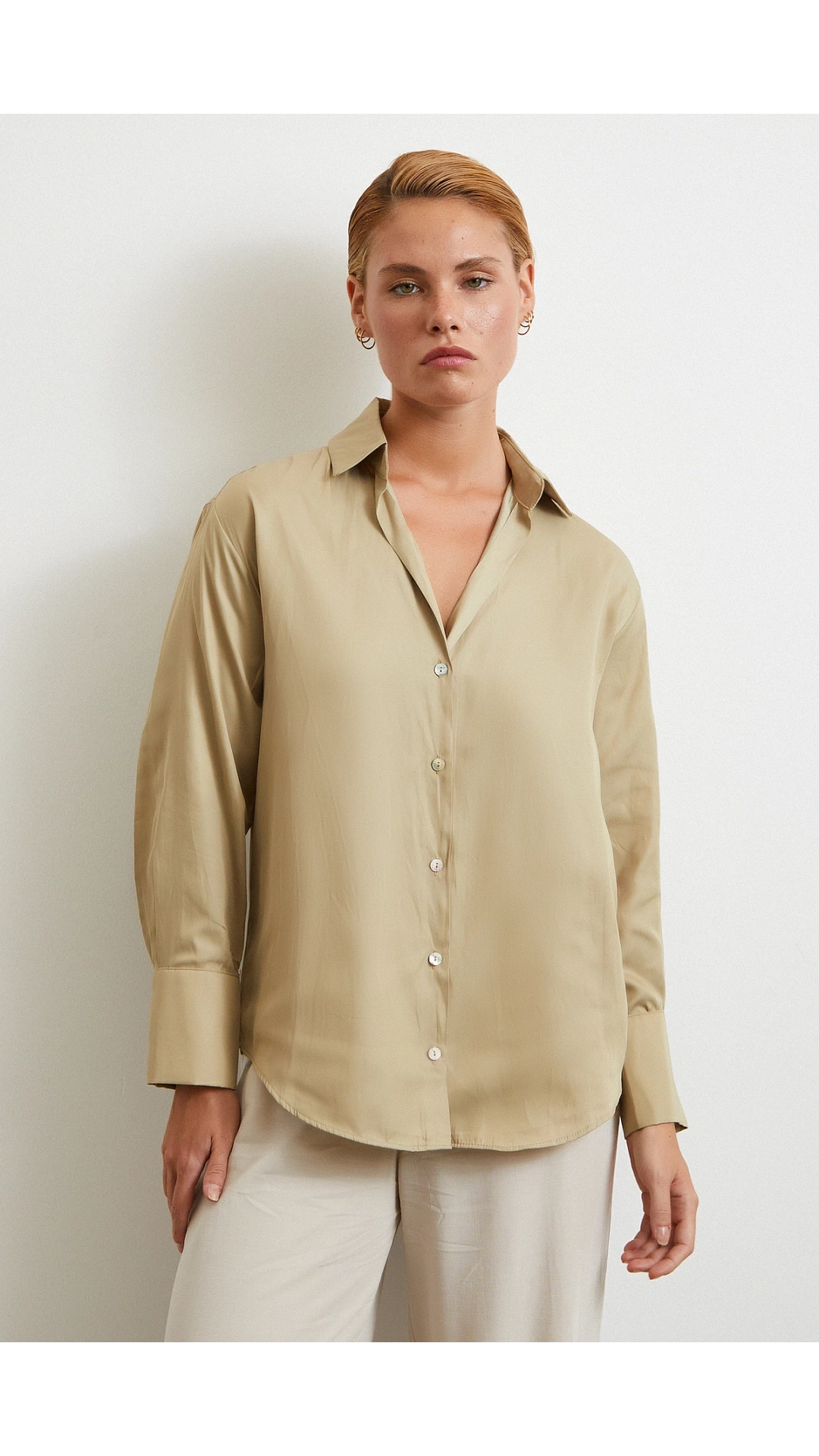 Diagonal Desen Gömlek Bej