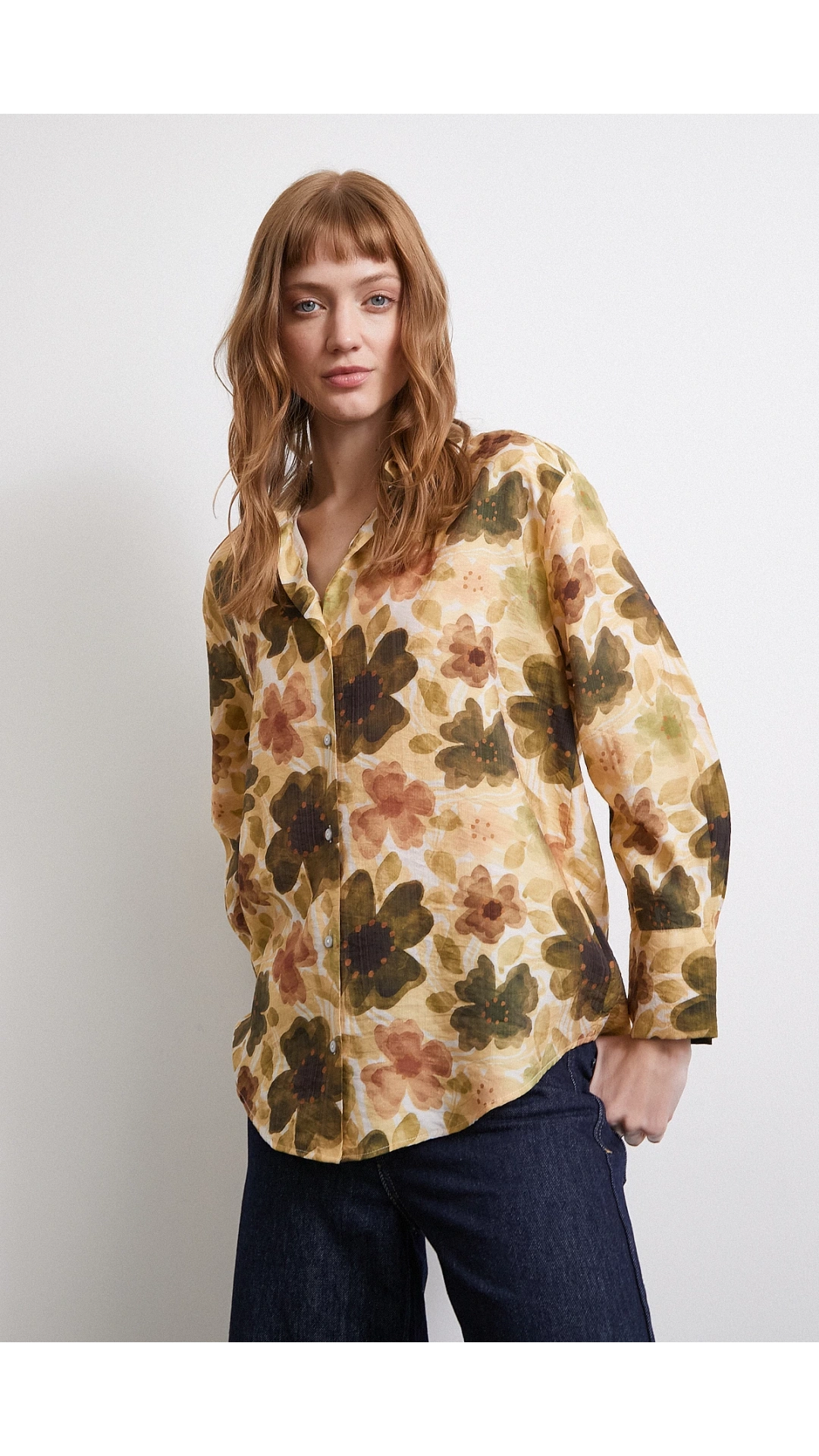 Çiçekli Vual Gömlek Haki