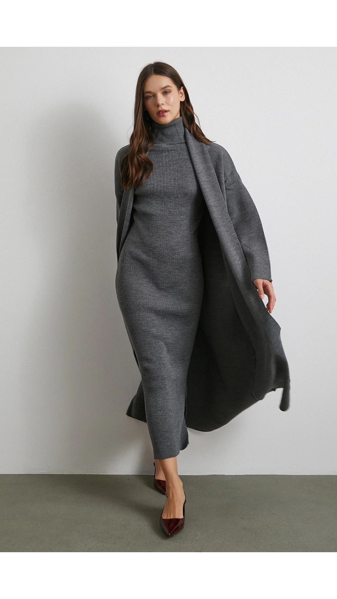 Uzun Elbiseli Hırka Triko Takım Gri