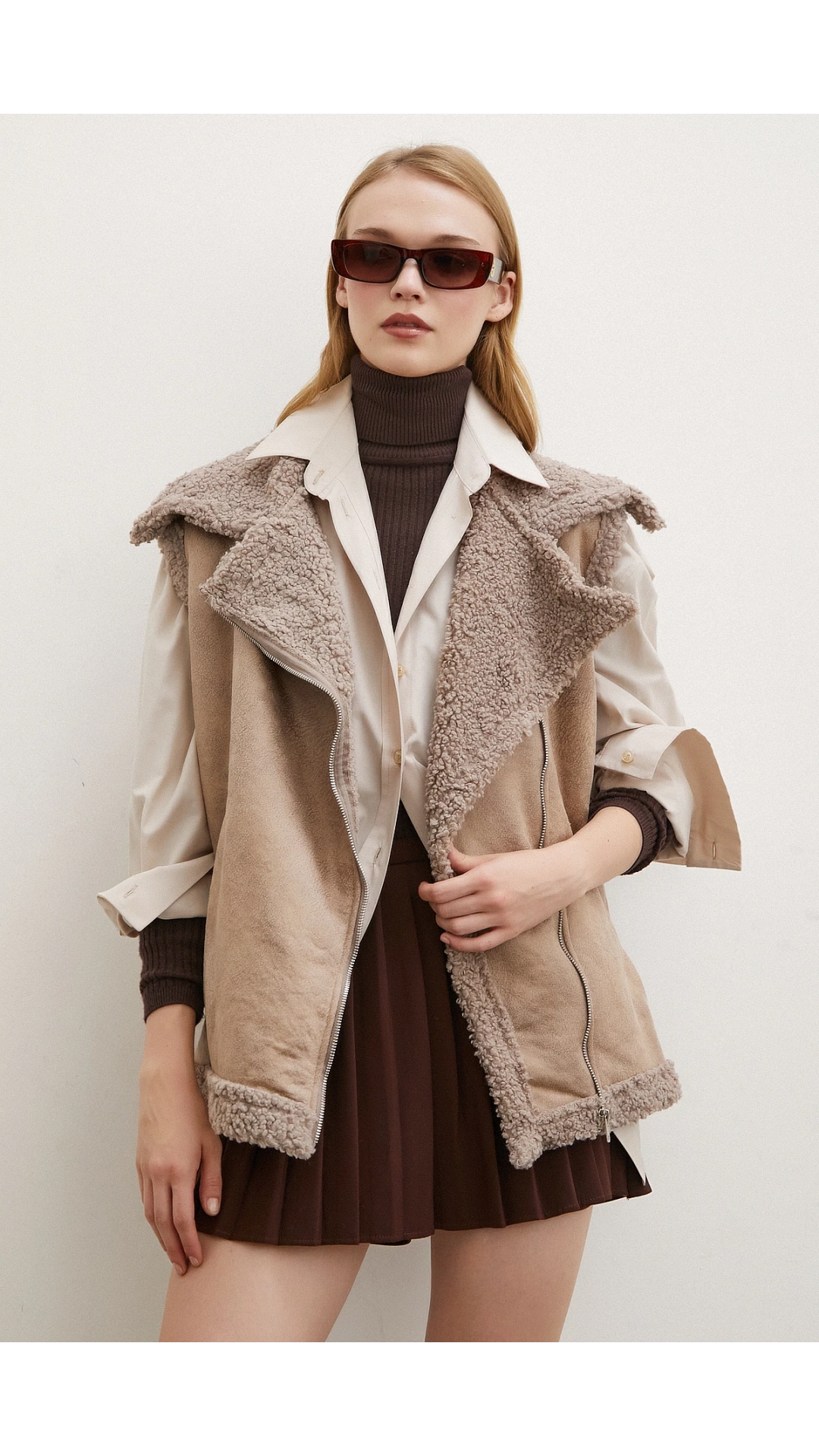 Süet Yünlü Deri Yelek Vizon