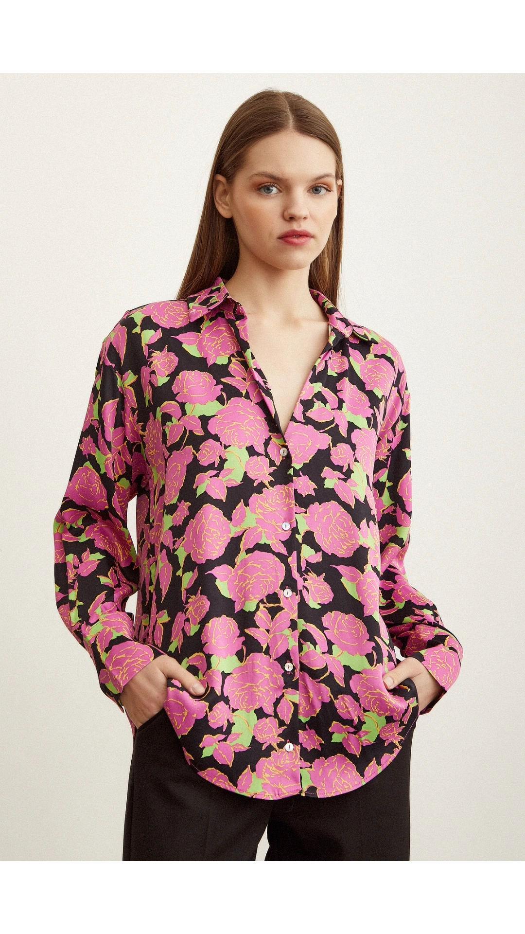 Gül Desenli Saten Gömlek Pembe