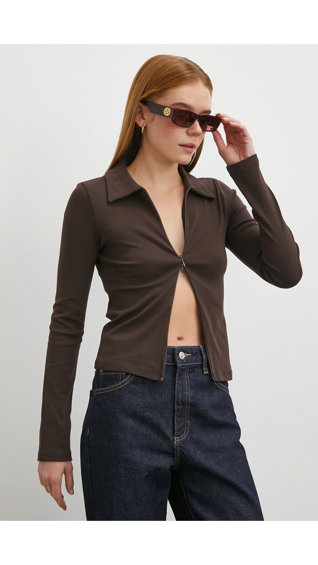 Yakalı Çift Fermuarlı Bluz Kahve